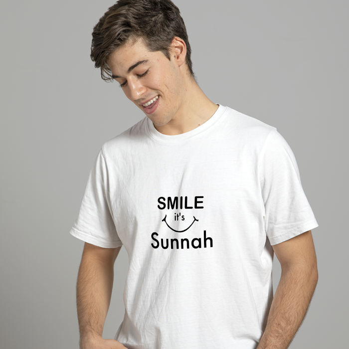 Islamic T-shirt 'Smile it's Sunnah' Printed Self Design Round Neck Half Sleeves White T-shirt for Men (018)