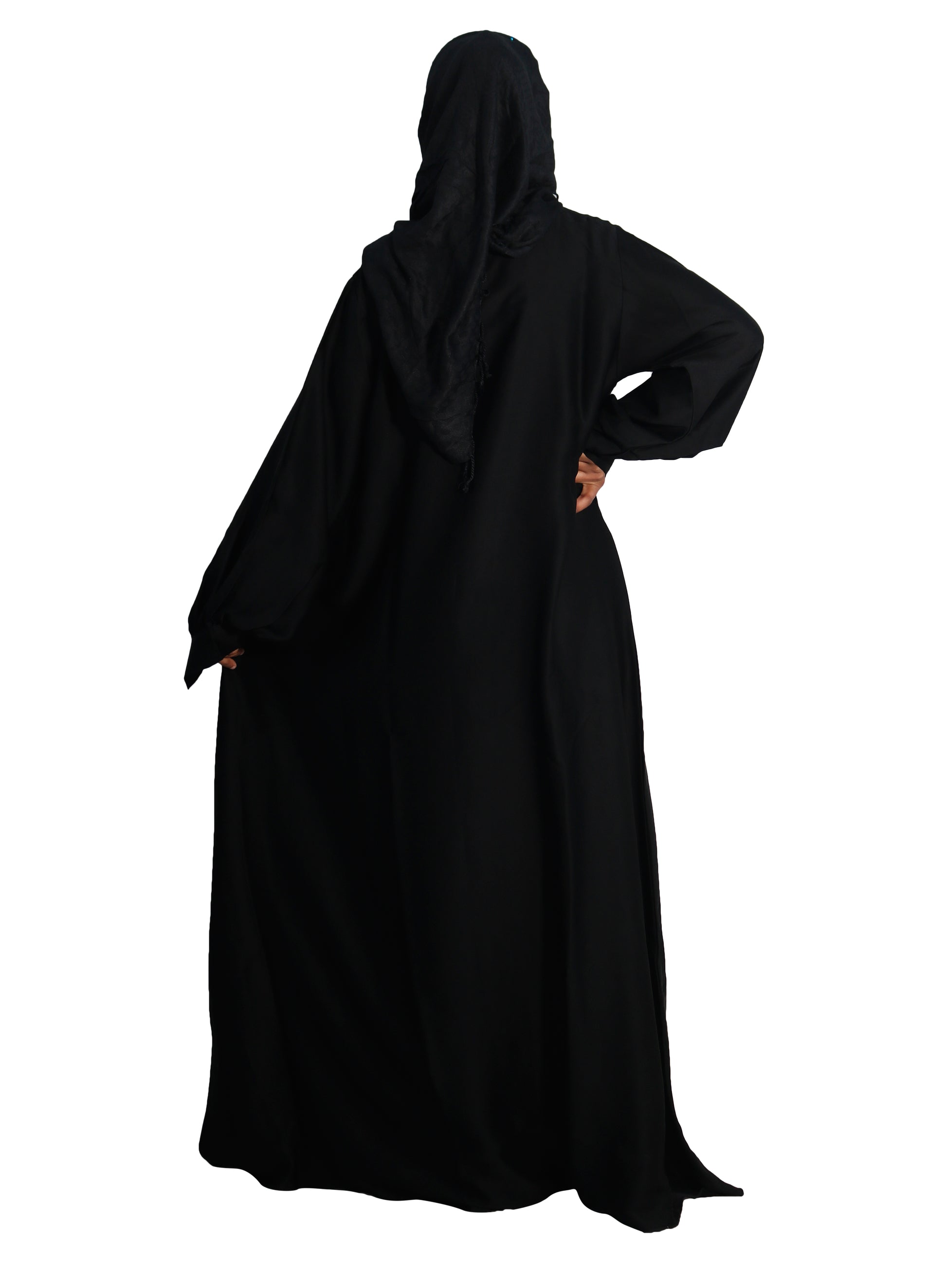 Beautiful Self Design Black Embroidered Art Silk Abaya With Hijab_0604