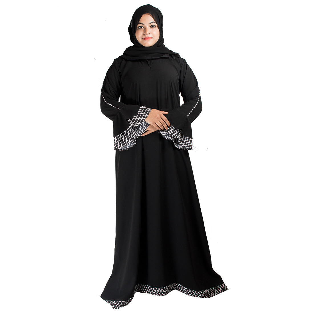 Beautiful Self Design Black Crepe Abaya With Hijab_0404