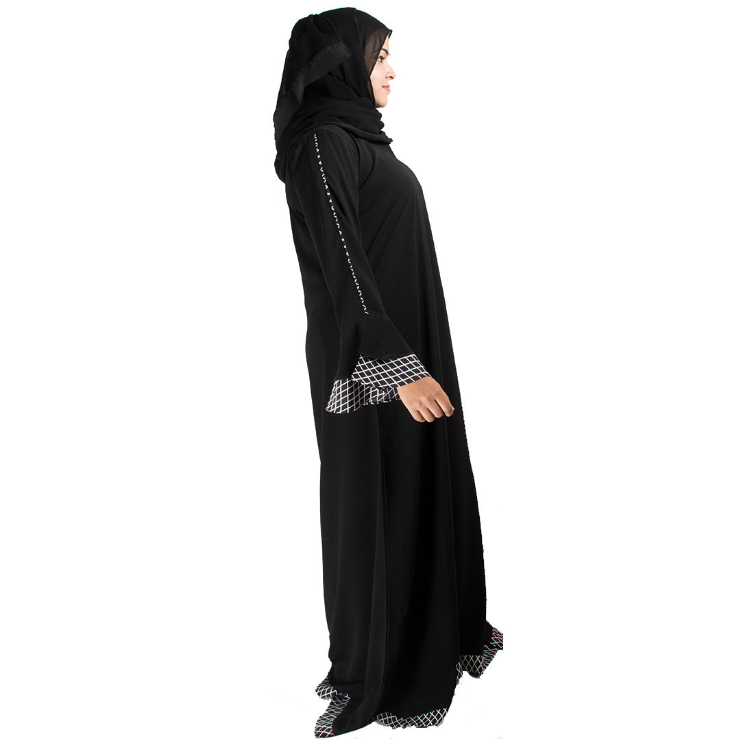 Beautiful Self Design Black Crepe Abaya With Hijab_0404