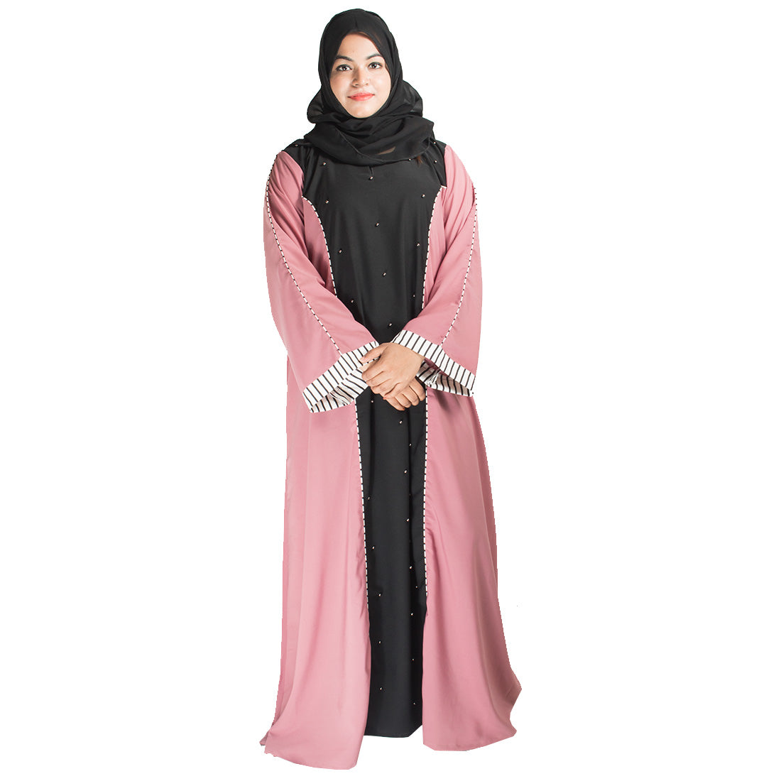Beautiful Self Design Pink Shrug Crepe Abaya Without Hijab_0407