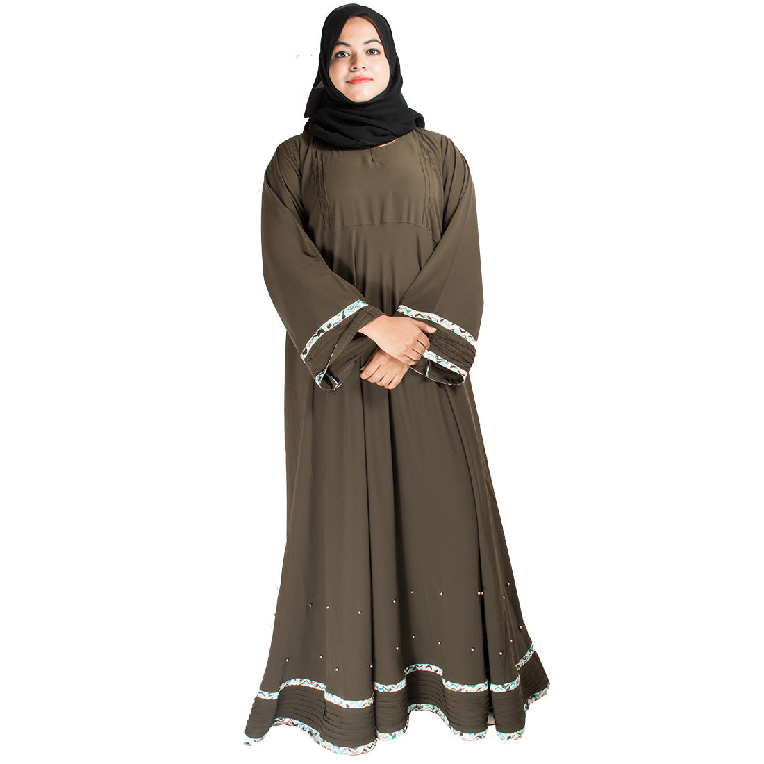 Beautiful Self Design Mehandi Crepe Abaya Without Hijab_0408