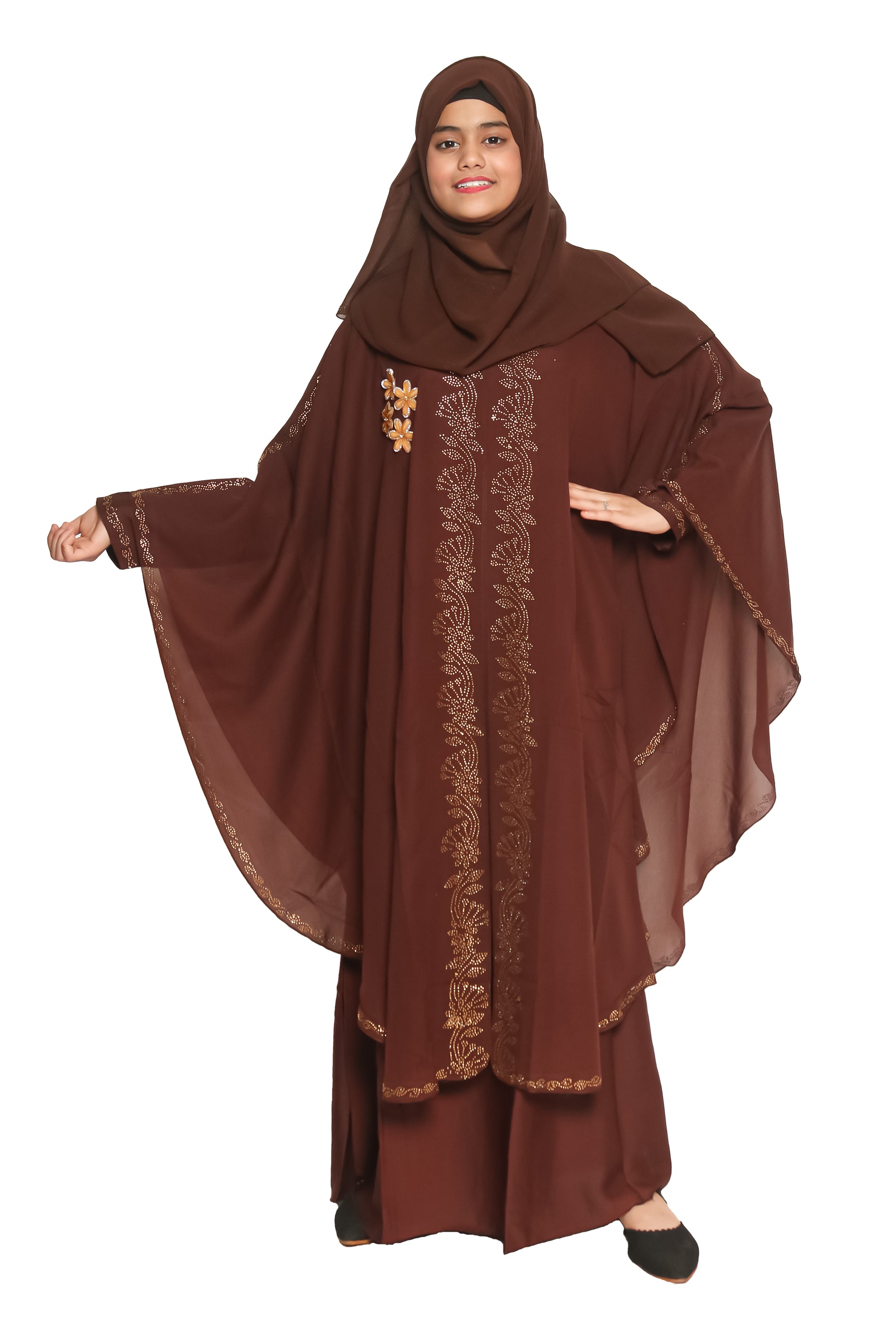 Modest City Self Design Brown Broach Nida Abaya or Burqa With Georgette Layer With Hijab foir Women & Girls-Series Laiba