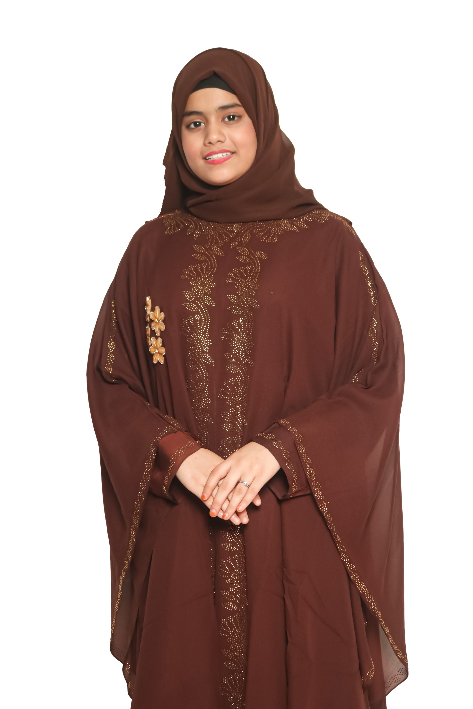 Modest City Self Design Brown Broach Nida Abaya or Burqa With Georgette Layer With Hijab foir Women & Girls-Series Laiba
