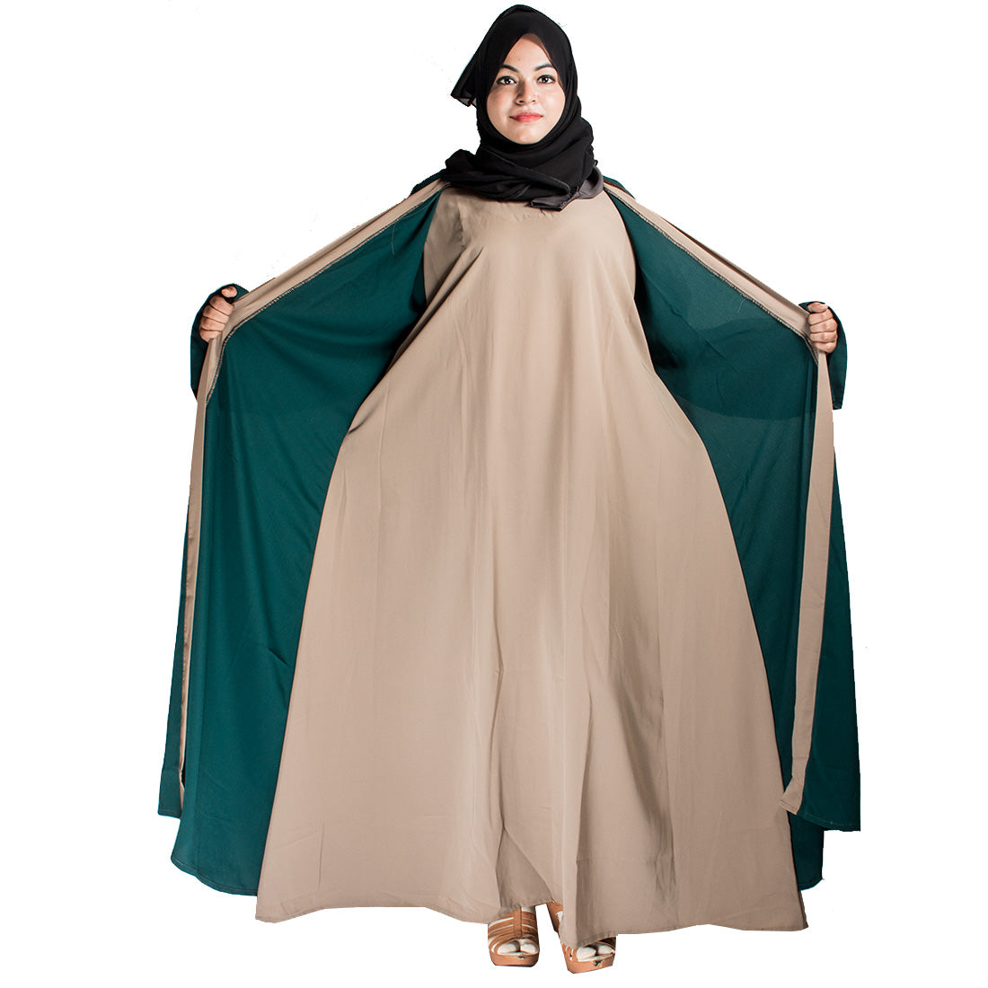 Beautiful Self Design Beige Shrug Crepe Abaya Without Hijab_0413