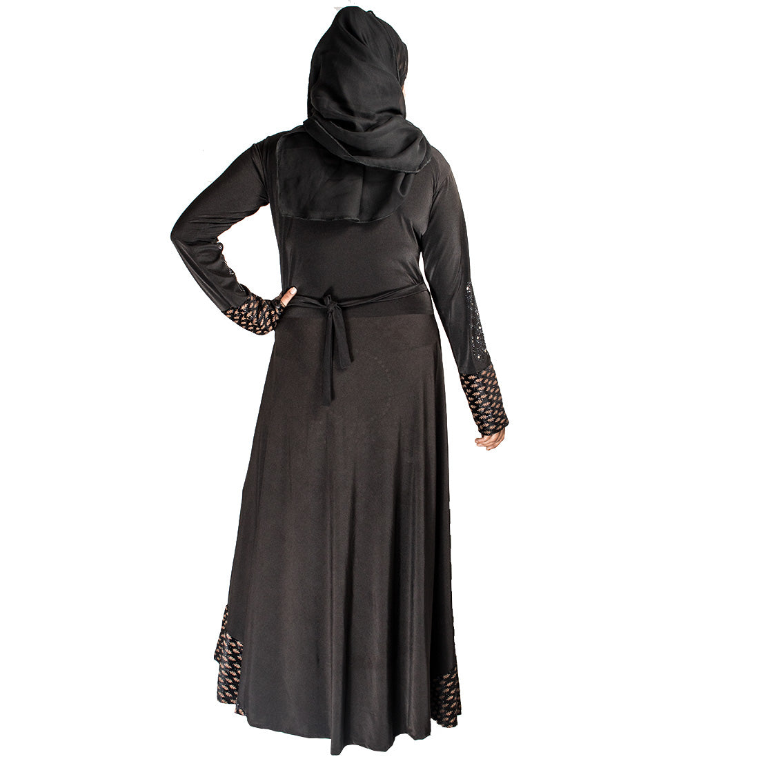 Beautiful Self Design Black Lycra Abaya With Hijab_0414