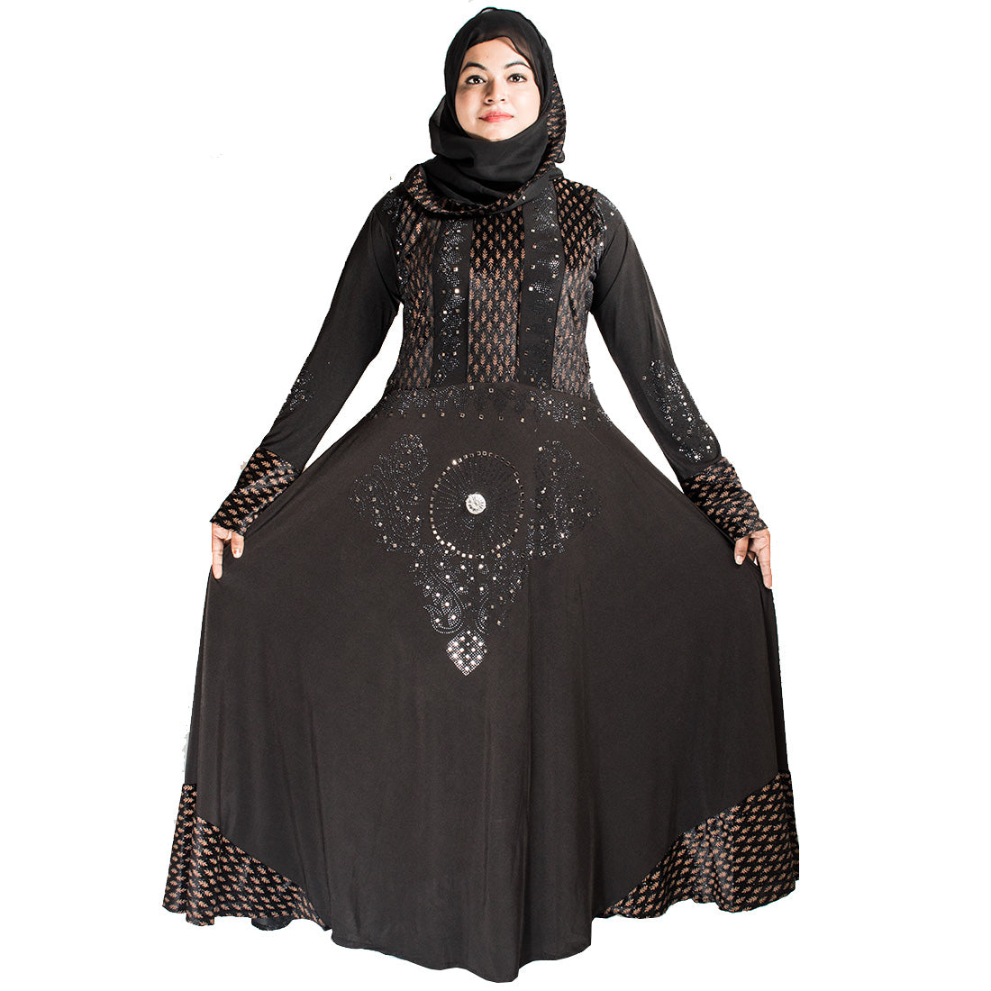 Beautiful Self Design Black Lycra Abaya With Hijab_0414