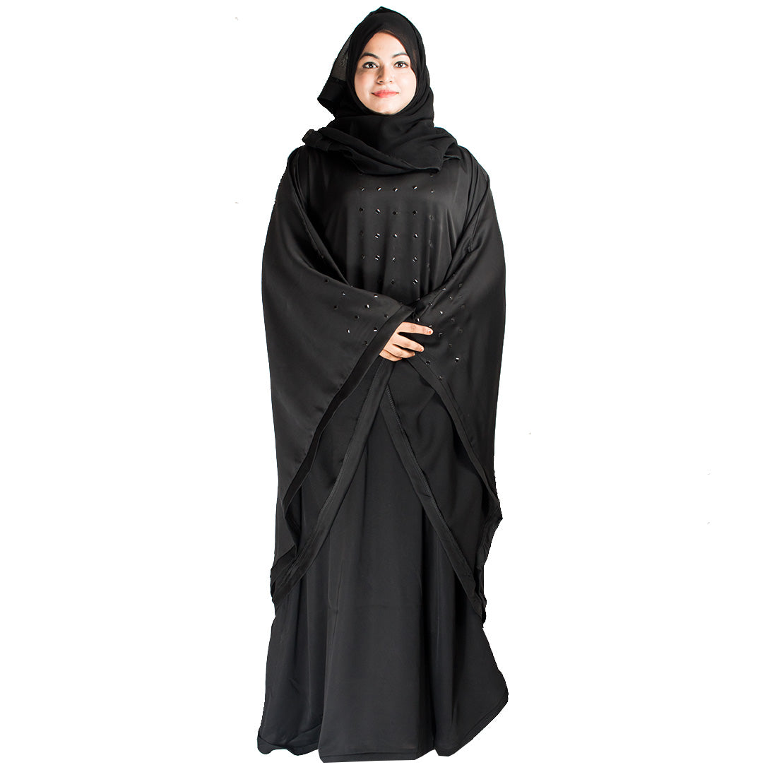 Beautiful Self Design Black Gala Moti Kaftan Art Silk Abaya With Hijab_0415