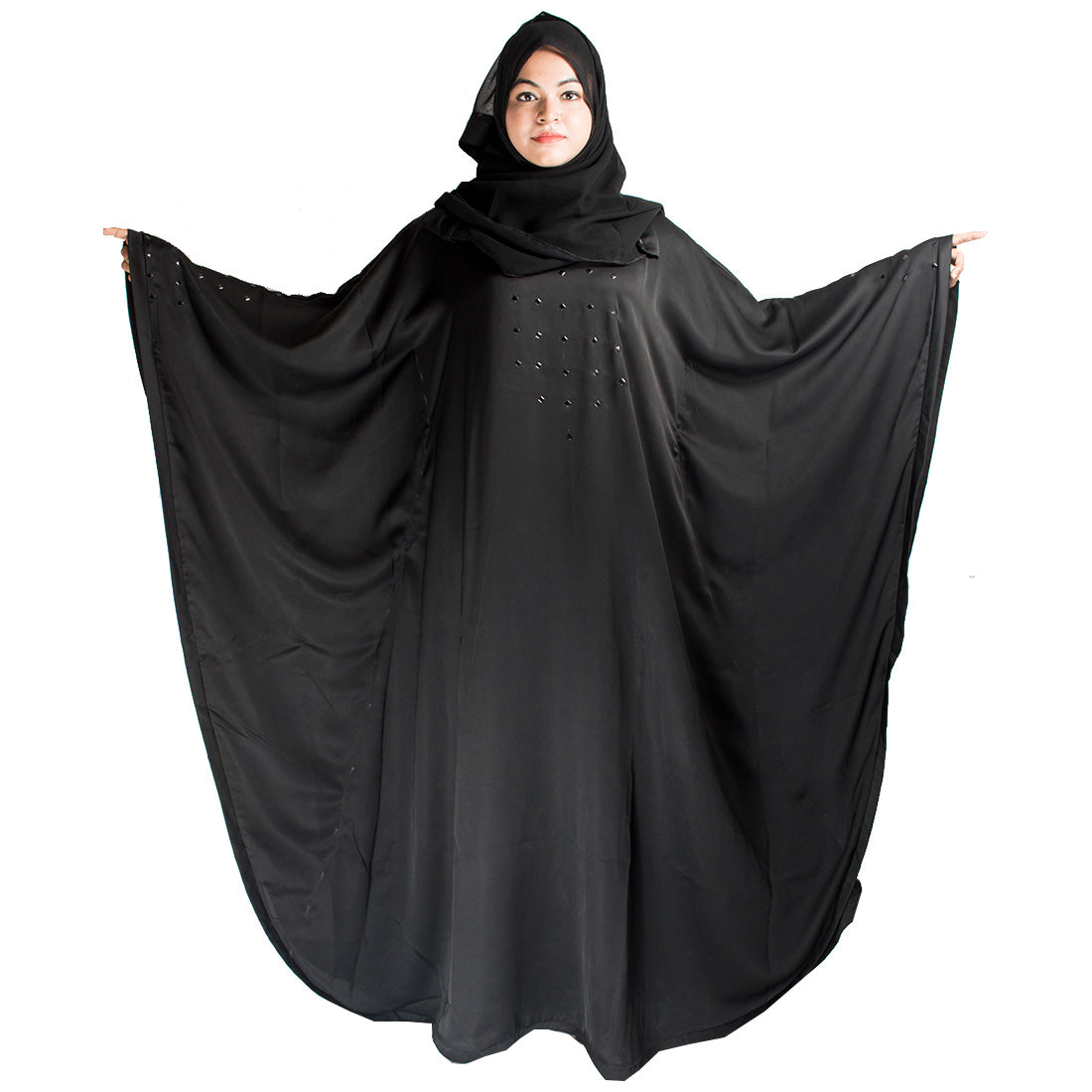Beautiful Self Design Black Gala Moti Kaftan Art Silk Abaya With Hijab_0415
