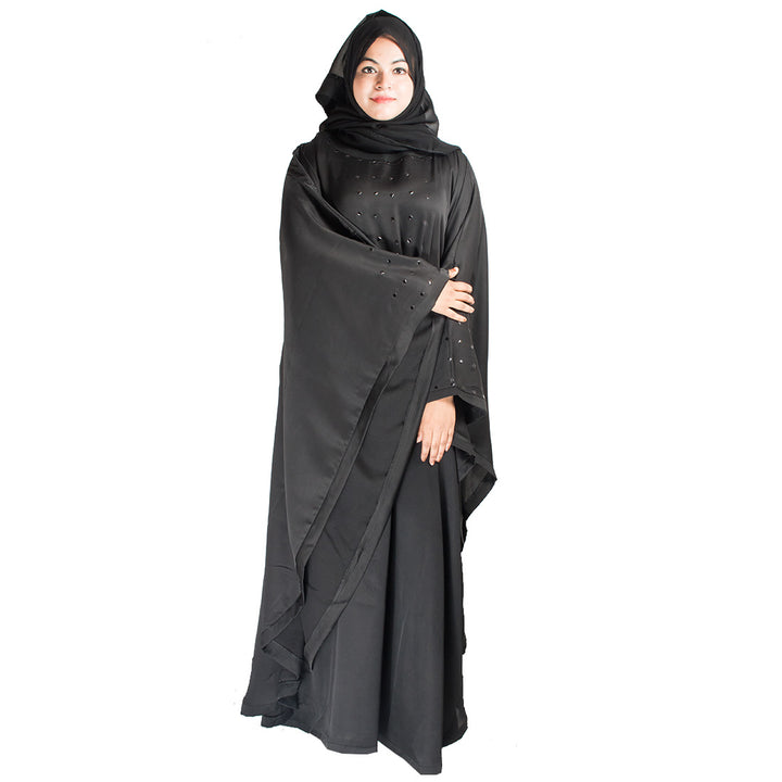 Beautiful Self Design Black Gala Moti Kaftan Art Silk Abaya With Hijab