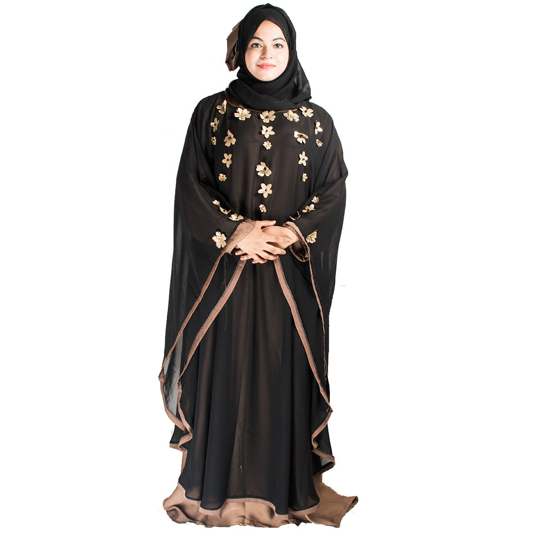 Beautiful Self Design Black Double Layer Flower Art Silk Abaya With Hijab_0416