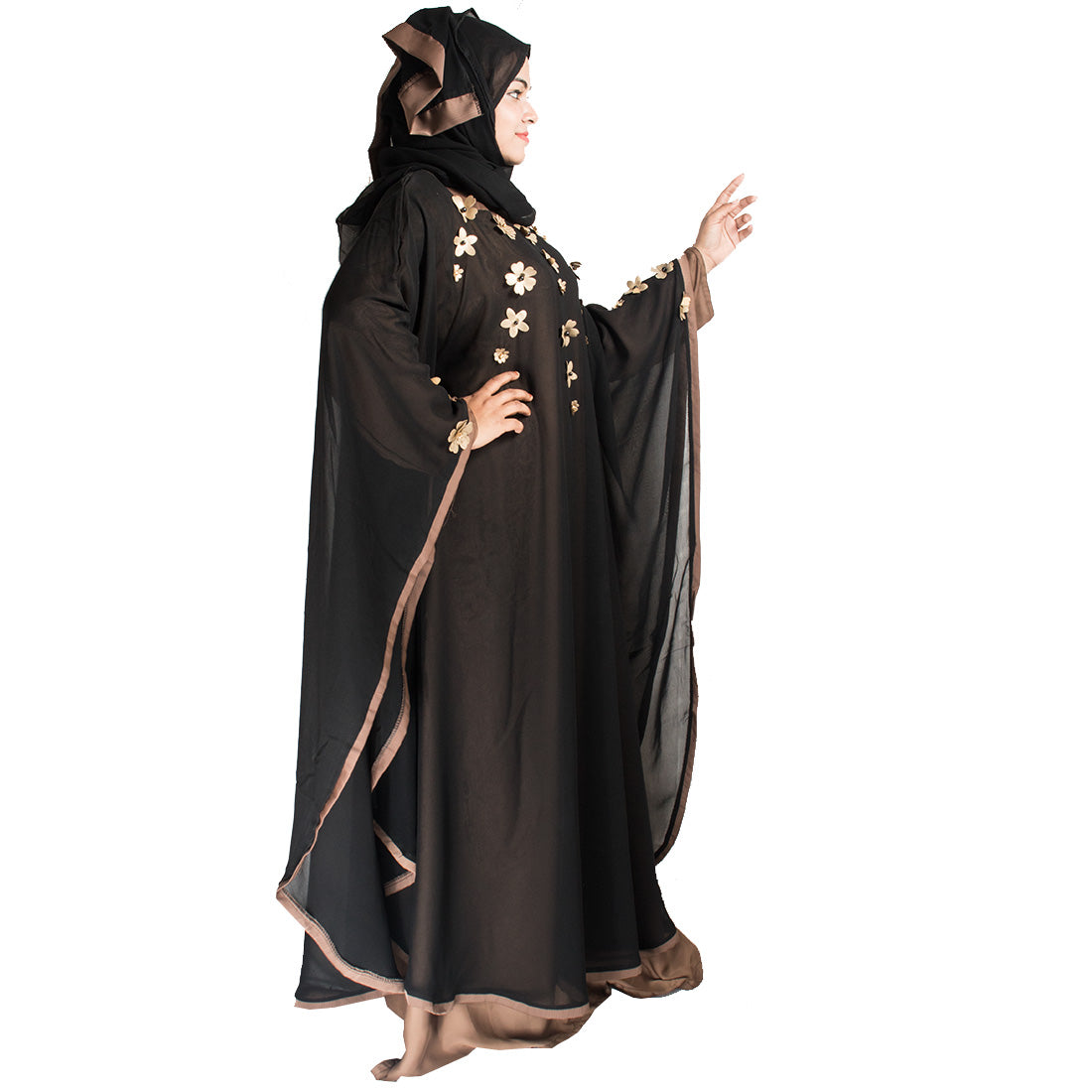 Beautiful Self Design Black Double Layer Flower Art Silk Abaya With Hijab_0416