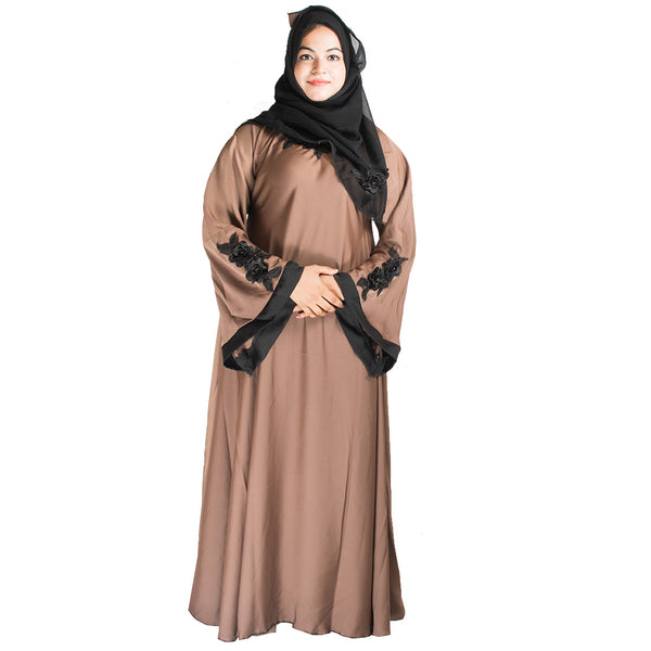 Beautiful Self Design Beige Patch Art Silk Abaya With Hijab