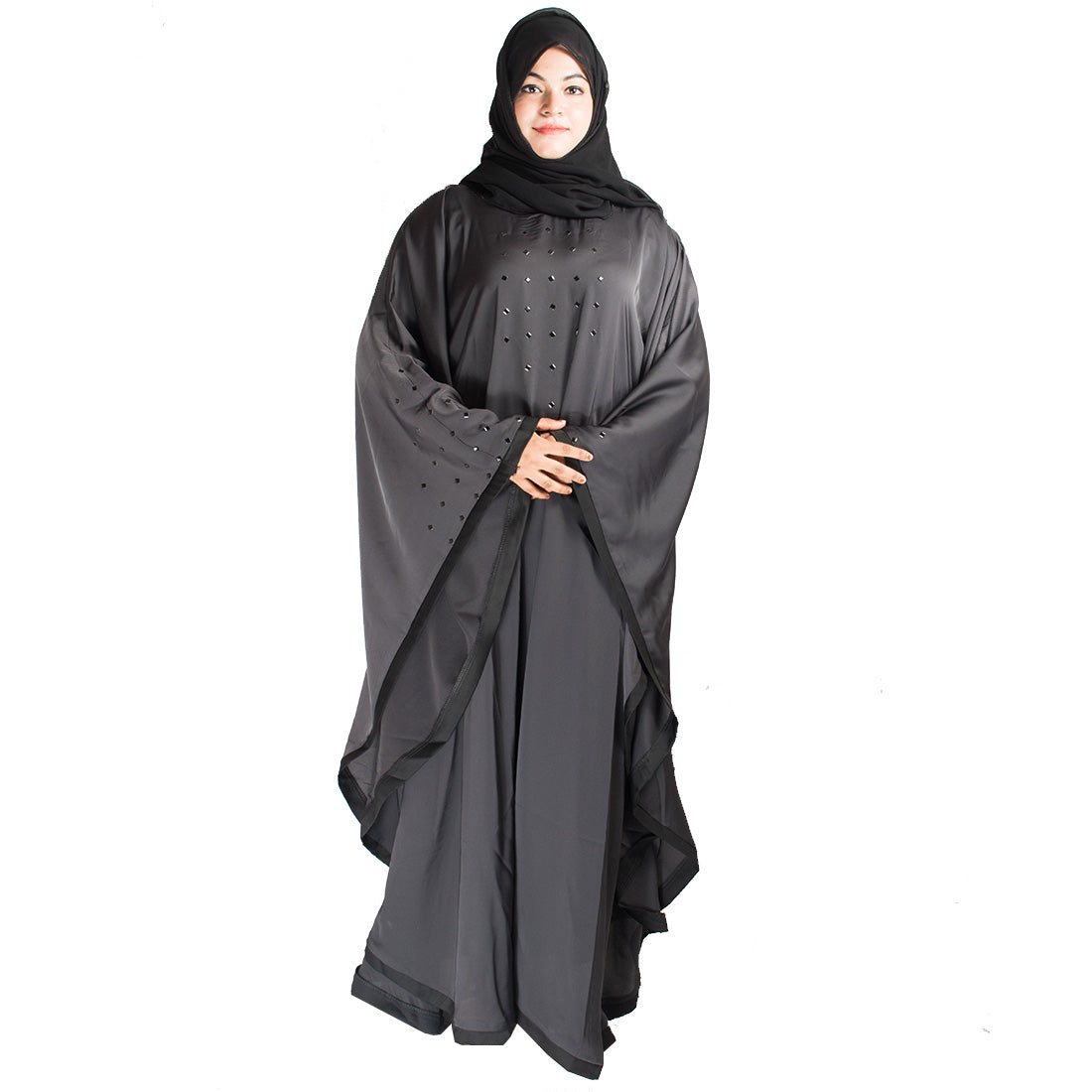 Beautiful Self Design Dark Grey Gala Moti Kaftan Art Silk Abaya With Hijab