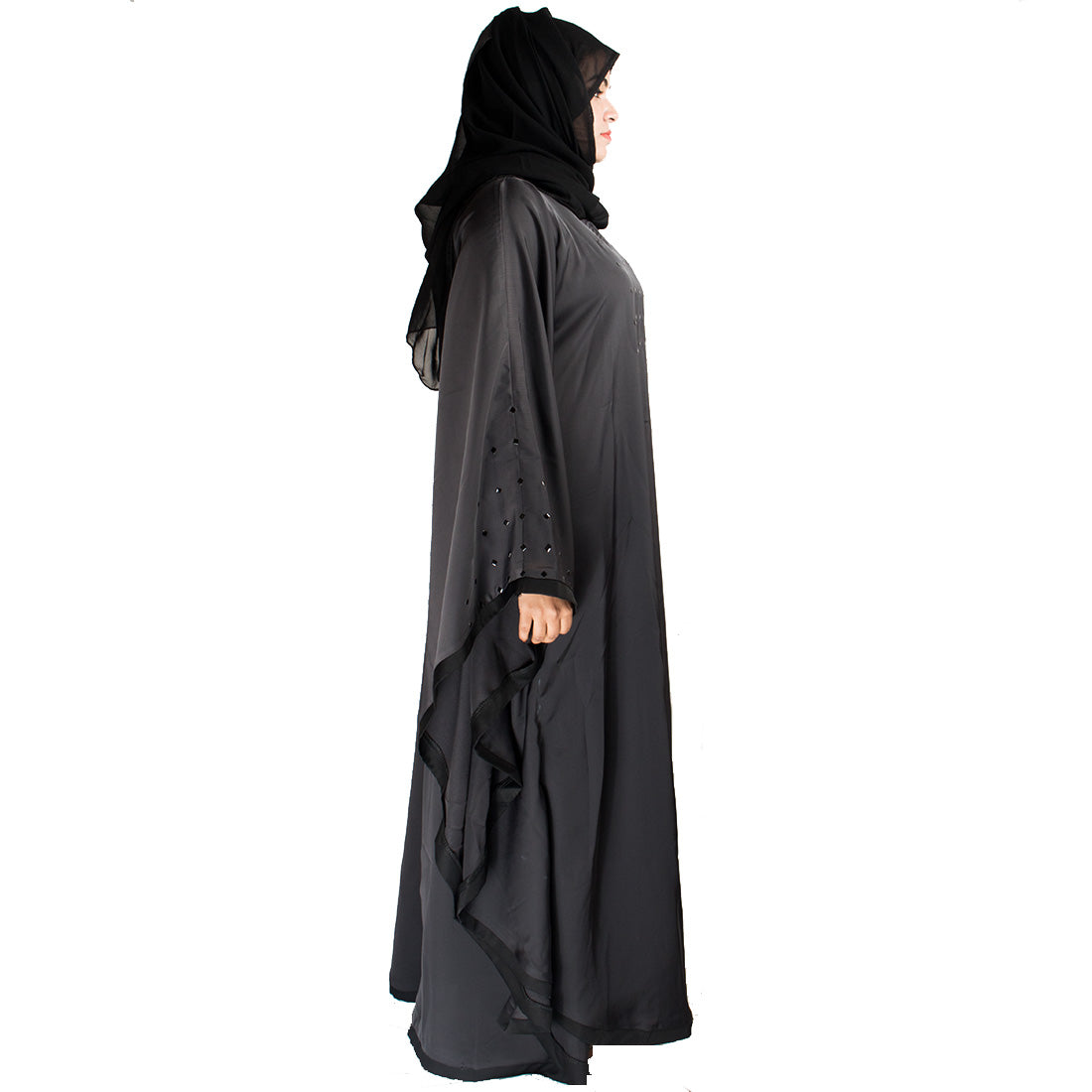 Beautiful Self Design Dark Grey Gala Moti Kaftan Art Silk Abaya With Hijab_0418