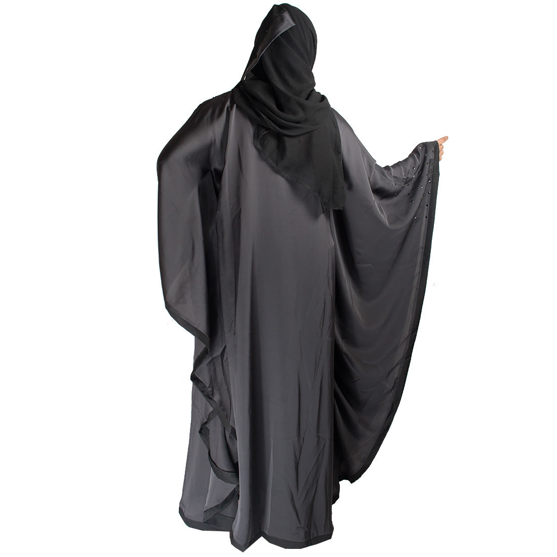 Beautiful Self Design Dark Grey Gala Moti Kaftan Art Silk Abaya With Hijab_0418