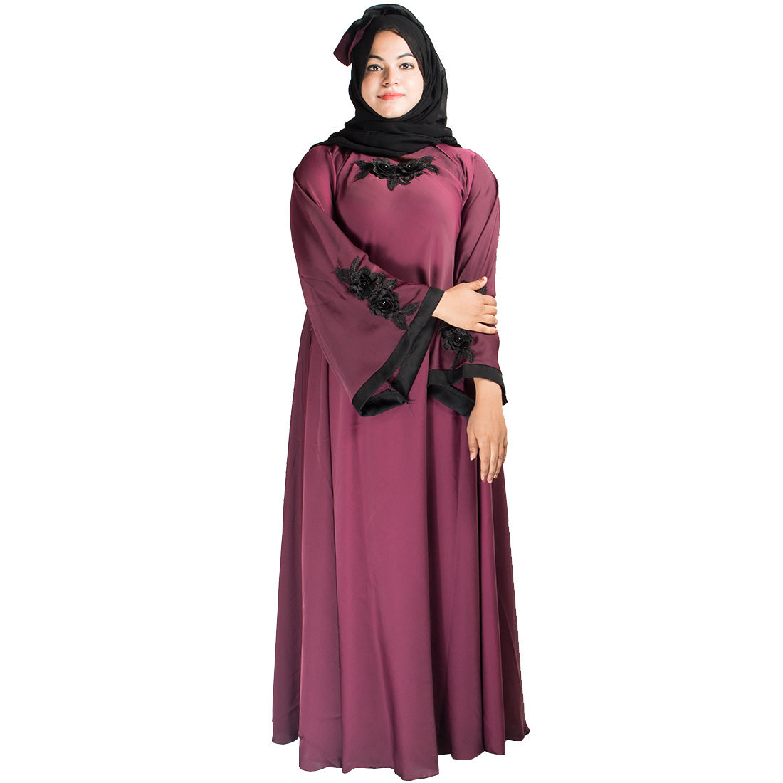 Products Beautiful Self Design Maroon Patch Art Silk Abaya With Hijab
