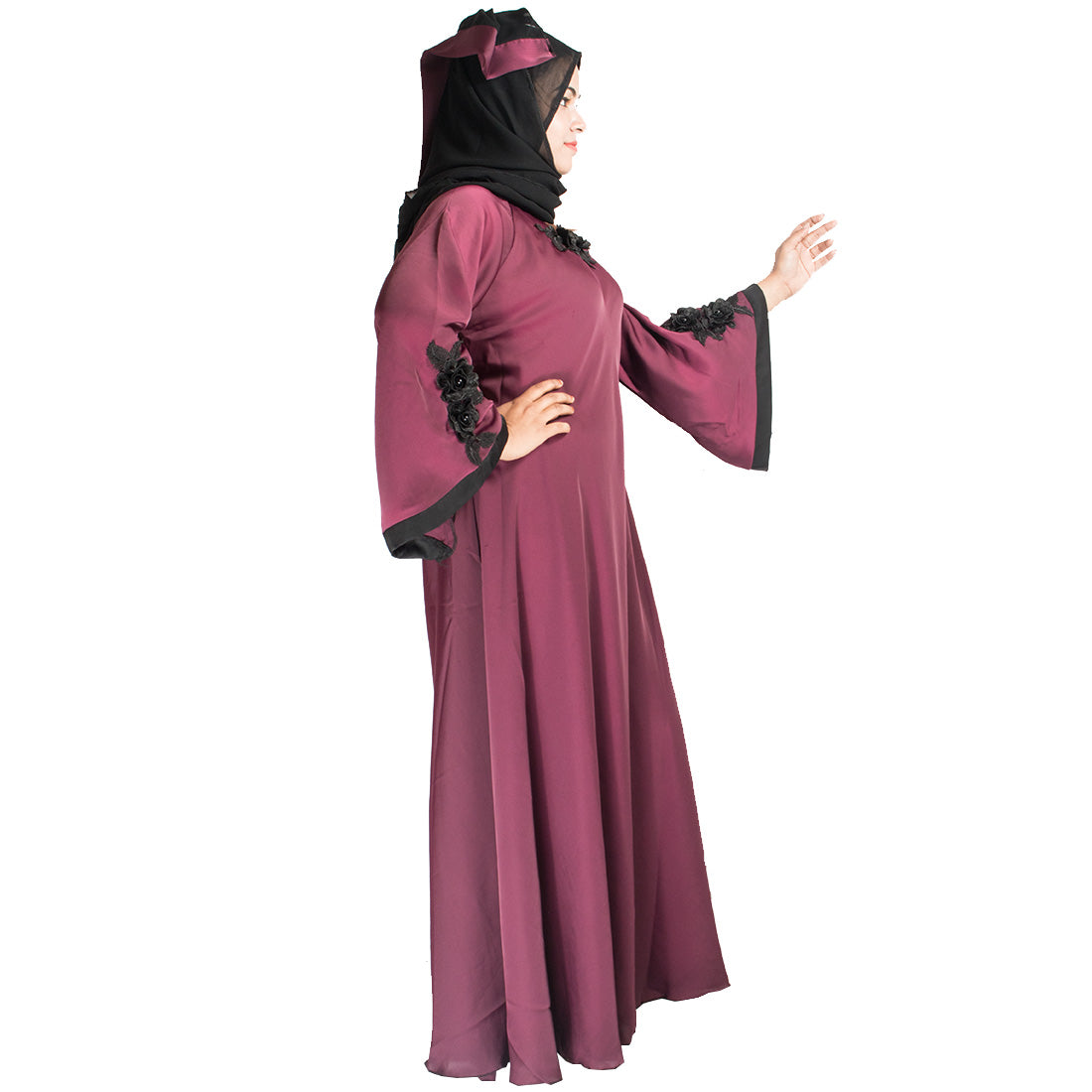 Products Beautiful Self Design Maroon Patch Art Silk Abaya With Hijab