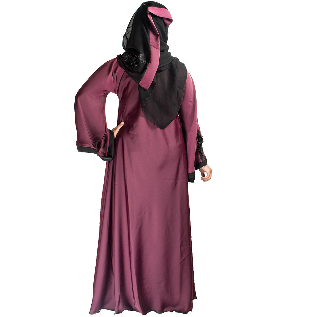 Beautiful Self Design Maroon Patch Art Silk Abaya With Hijab_0419