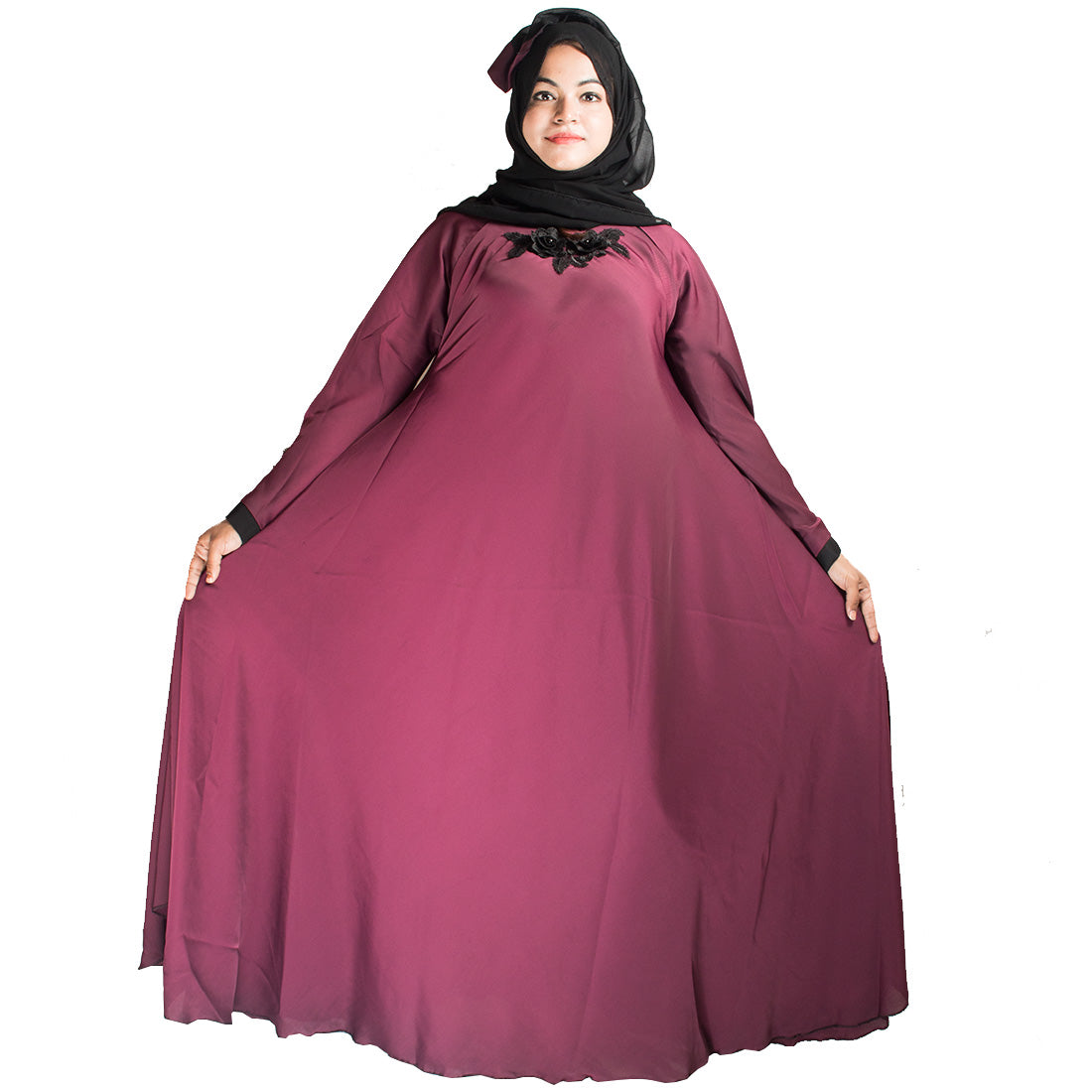 Beautiful Self Design Maroon Patch Art Silk Abaya With Hijab_0419