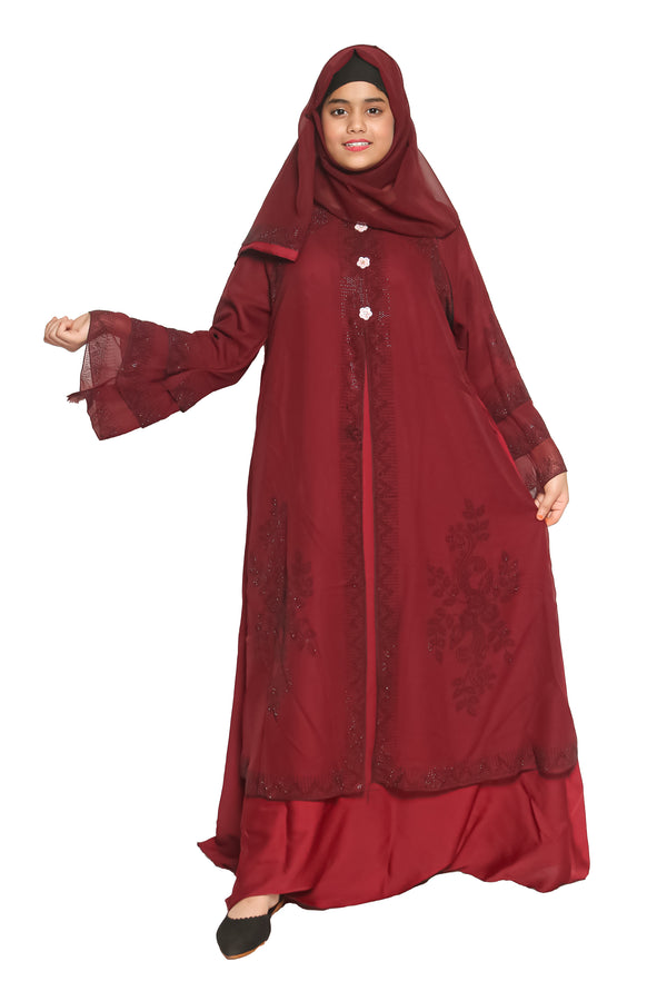Modest City Self Design Maroon Stonework Nida Abaya or Burqa With Hijab for Women & Girls-Series Laiba