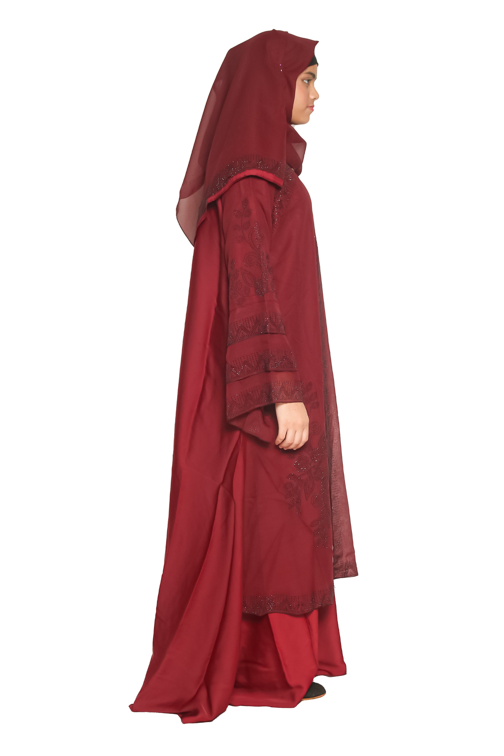 Modest City Self Design Maroon Stonework Nida Abaya or Burqa With Hijab for Women & Girls-Series Laiba