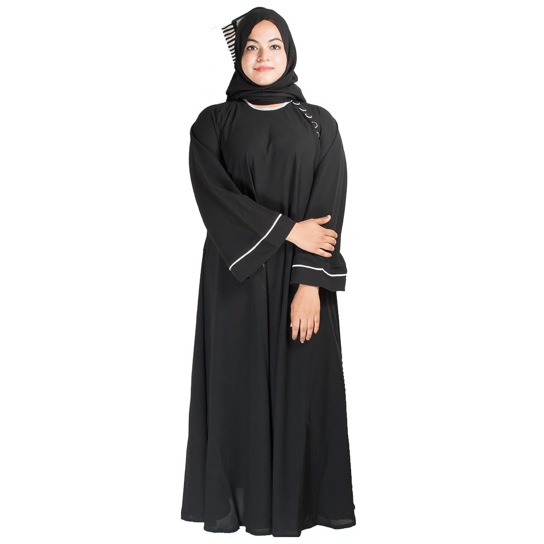 Beautiful Self Design Black Side Button Crepe Abaya With Hijab_0426