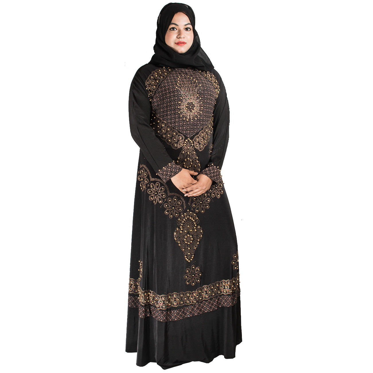 Beautiful Self Design Black Gold Lycra Abaya With Hijab_0434