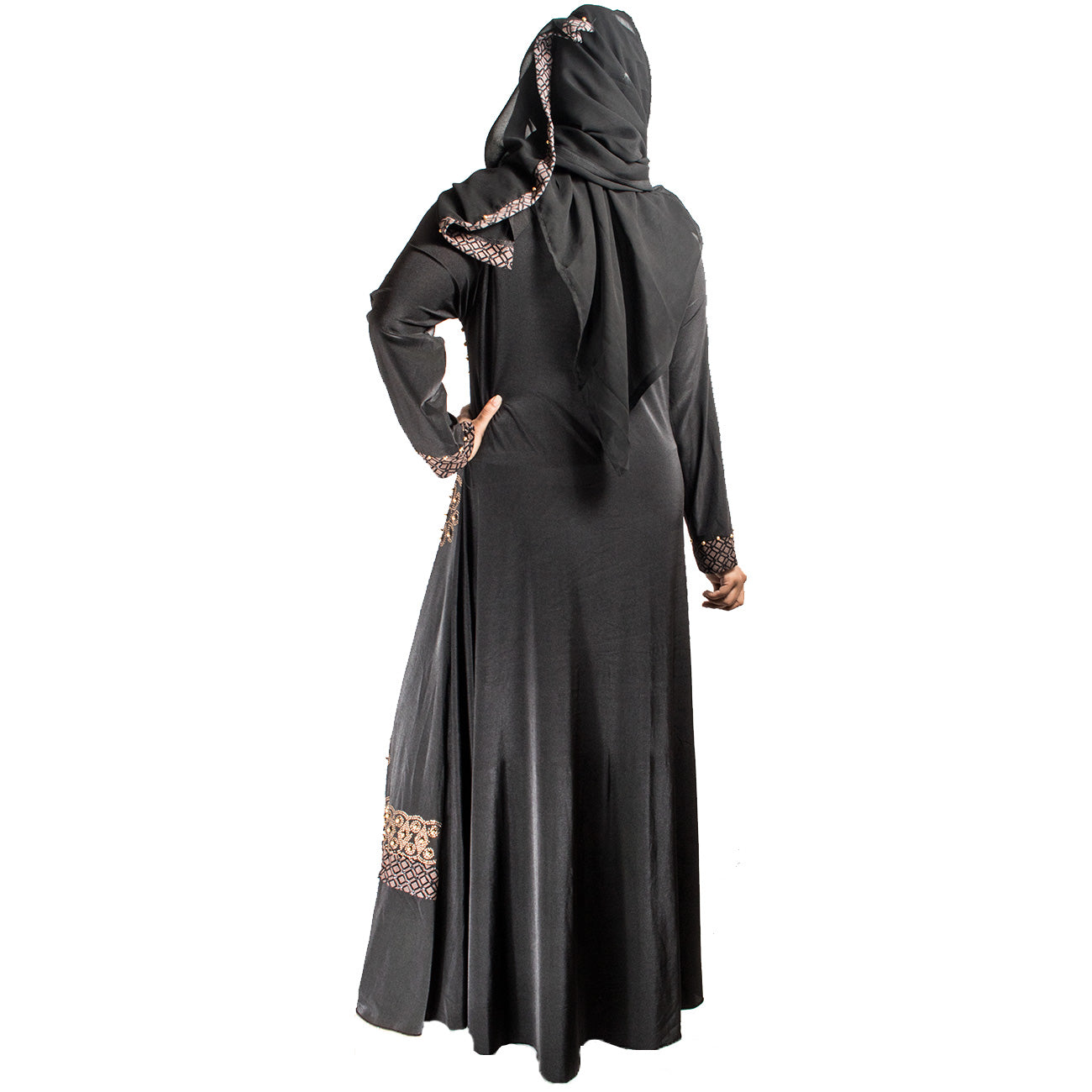 Beautiful Self Design Black Gold Lycra Abaya With Hijab_0434