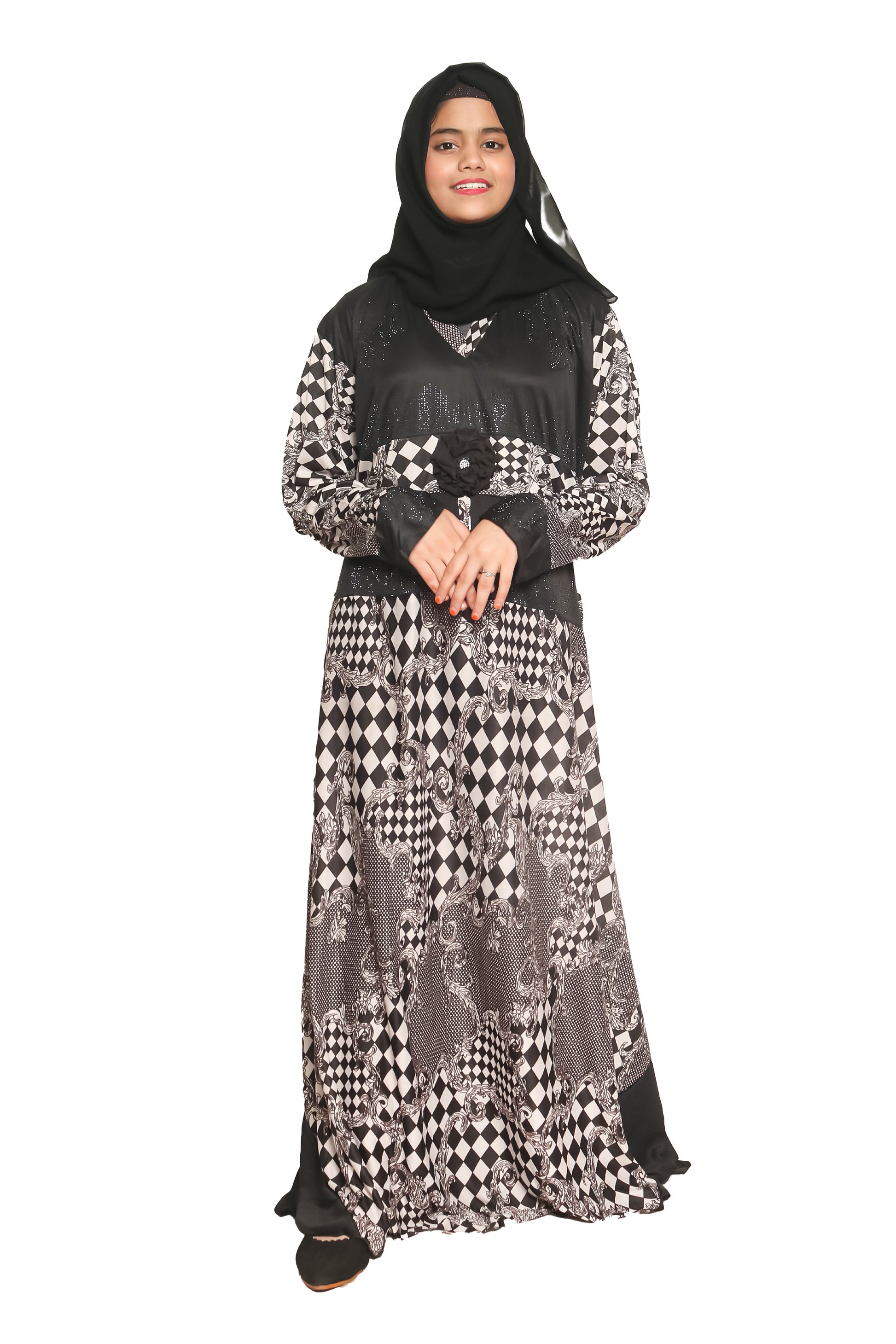 Modest City Self Design Black & White Lycra Fabric Abaya or Burqa With Hijab for Women & Girls-Series Laiba