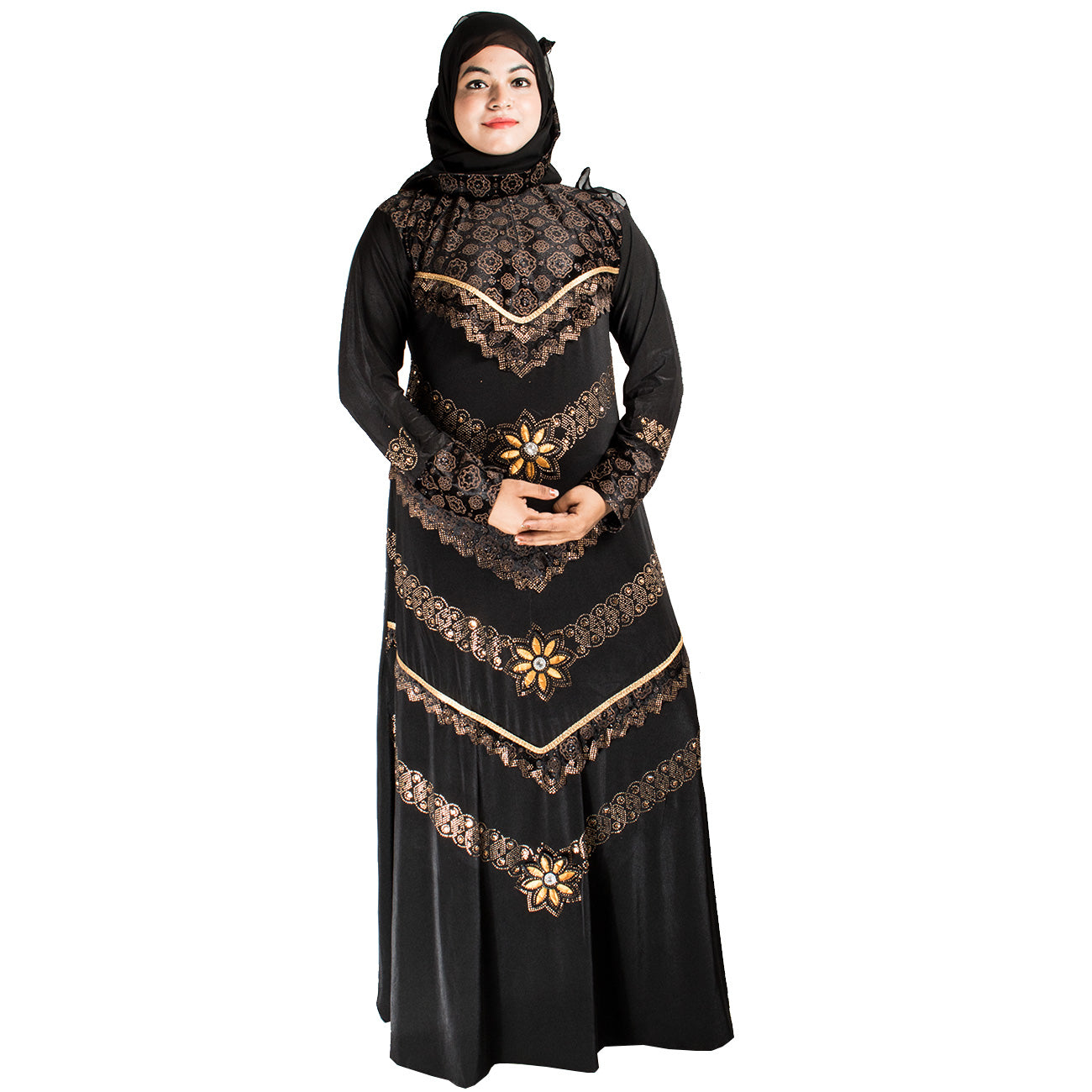 Beautiful Self Design Black 3 Fool Lycra Abaya With Hijab
