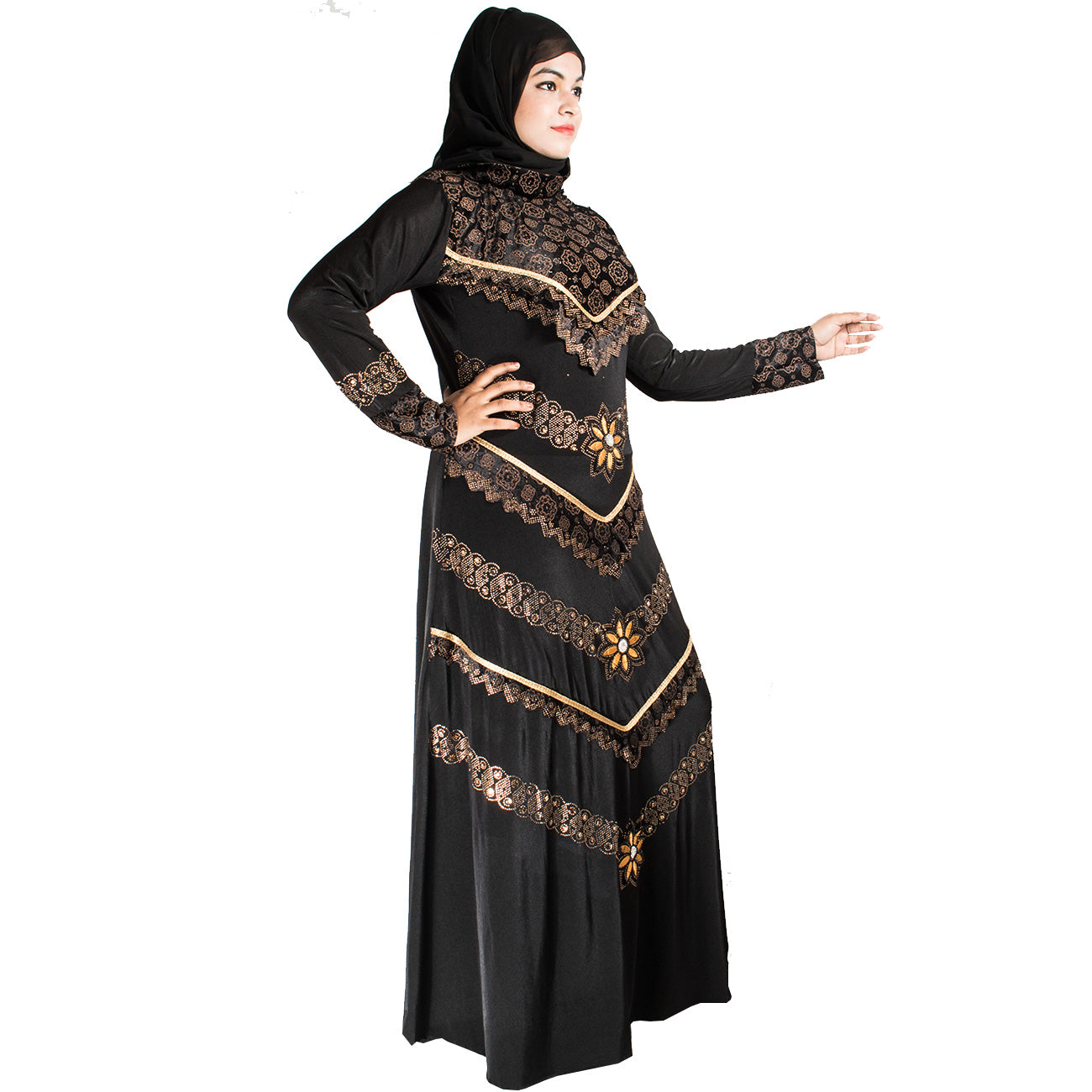 Beautiful Self Design Black 3 Fool Lycra Abaya With Hijab_0440