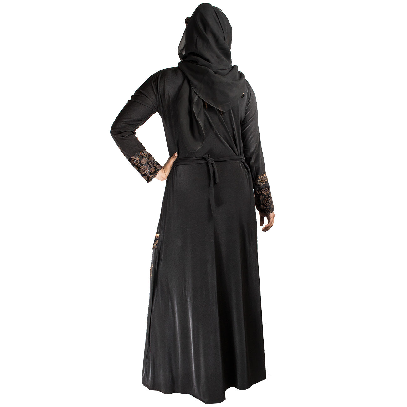 Beautiful Self Design Black 3 Fool Lycra Abaya With Hijab