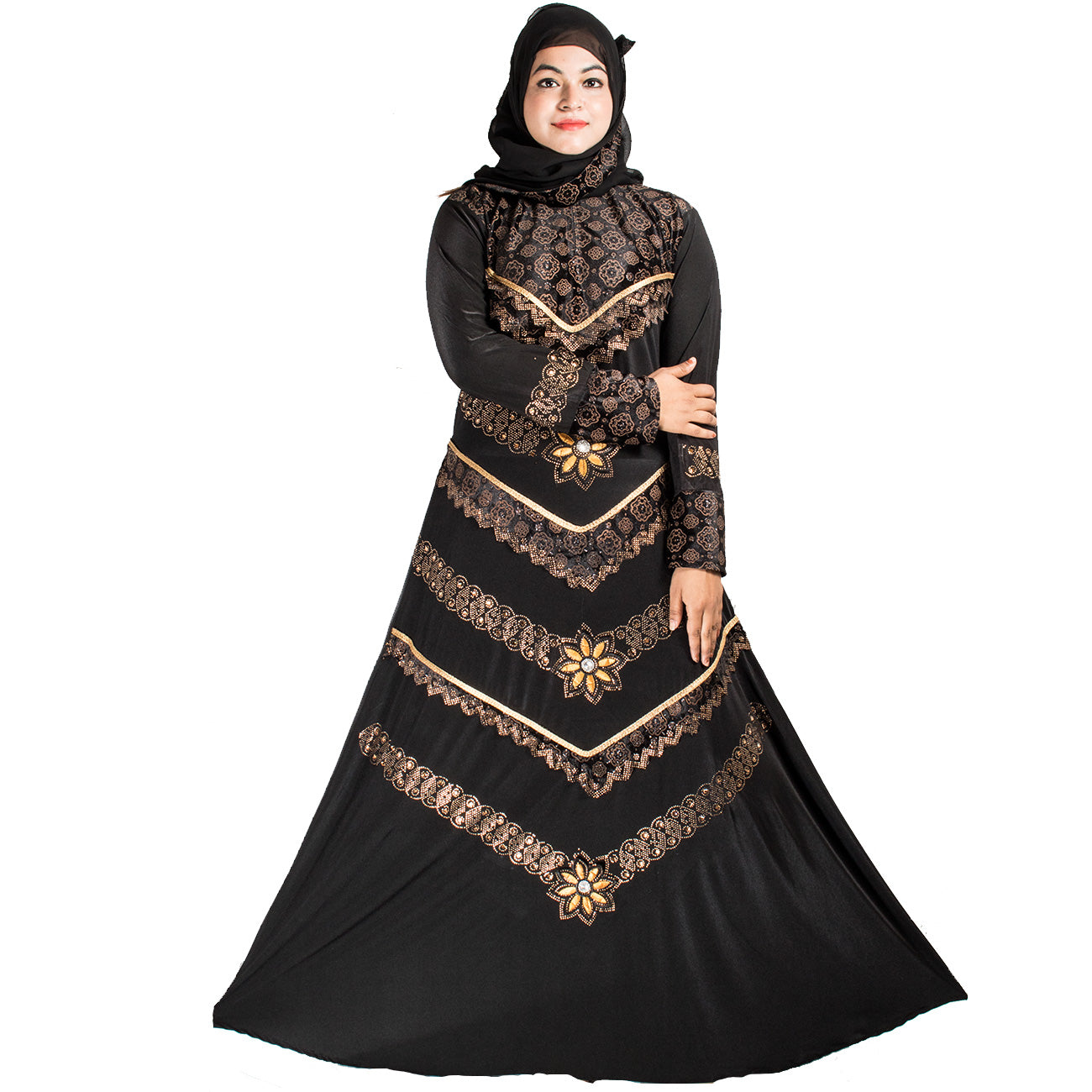 Beautiful Self Design Black 3 Fool Lycra Abaya With Hijab_0440