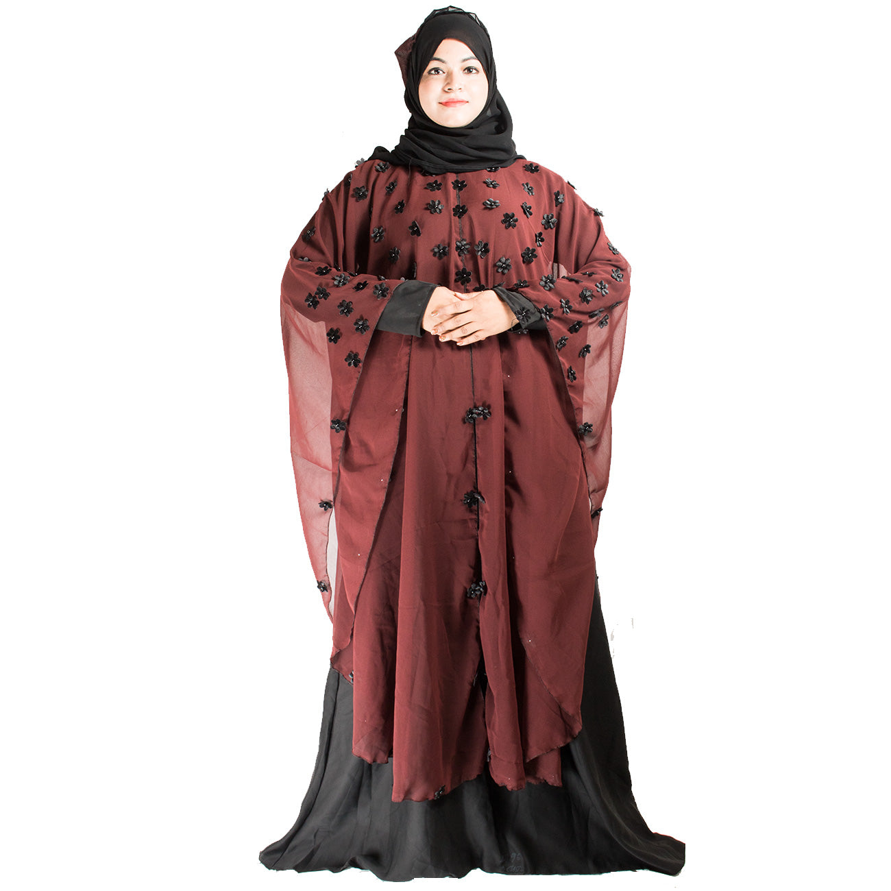 Beautiful Self Design Maroon Farasha Art Silk Abaya With Hijab_0442