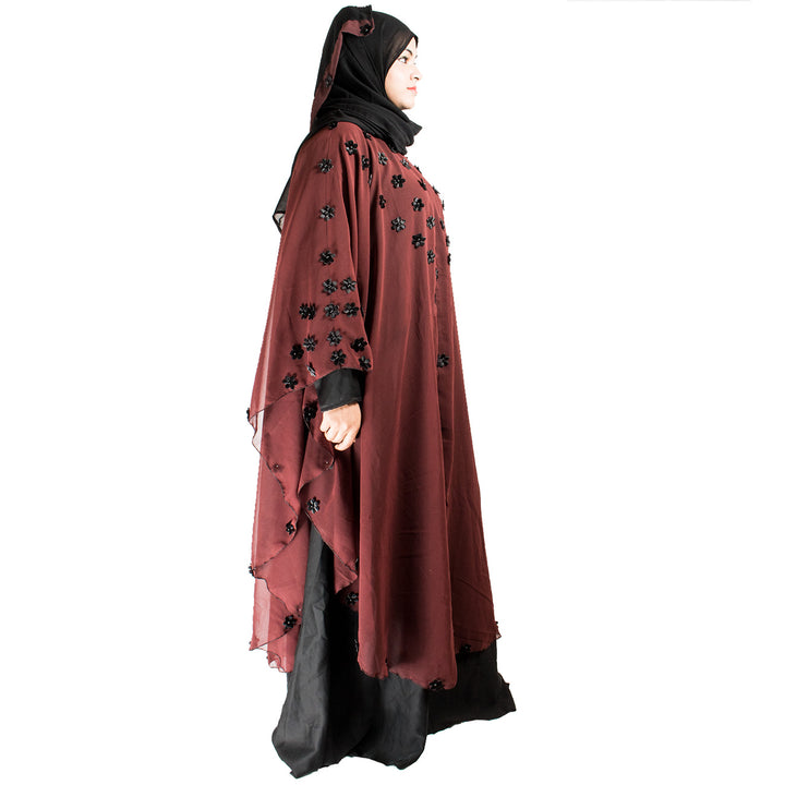 Beautiful Self Design Maroon Farasha Art Silk Abaya With Hijab