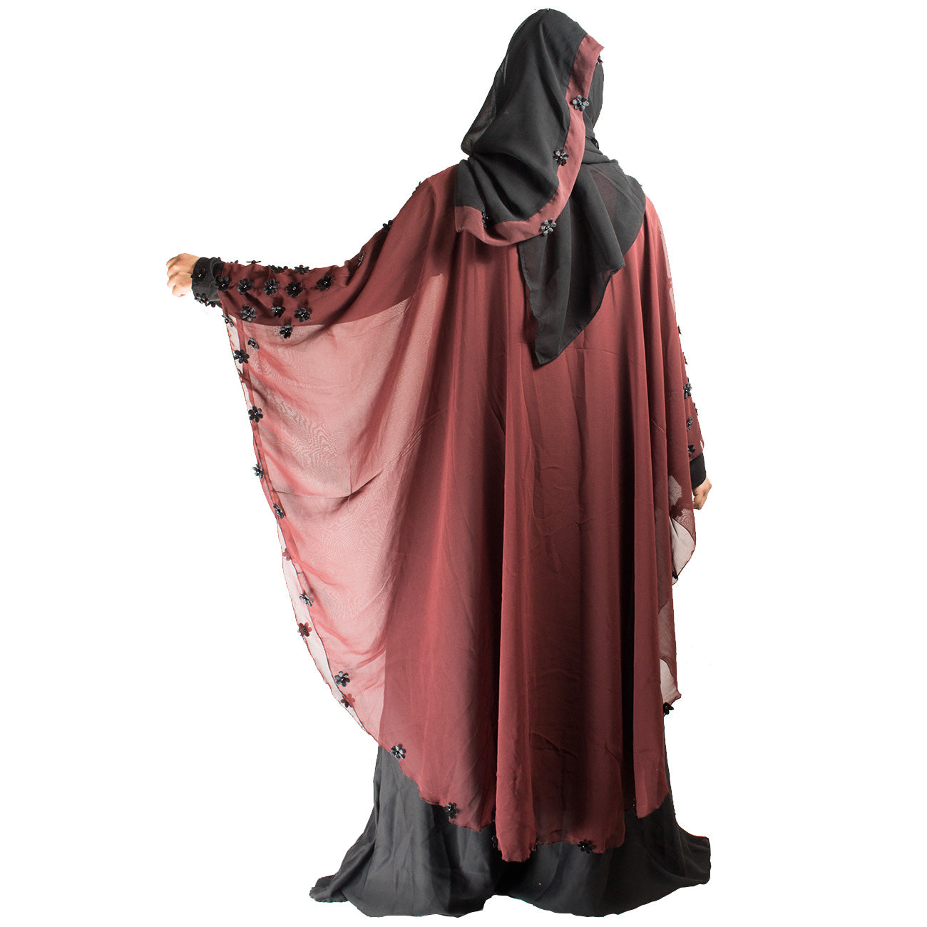 Beautiful Self Design Maroon Farasha Art Silk Abaya With Hijab_0442