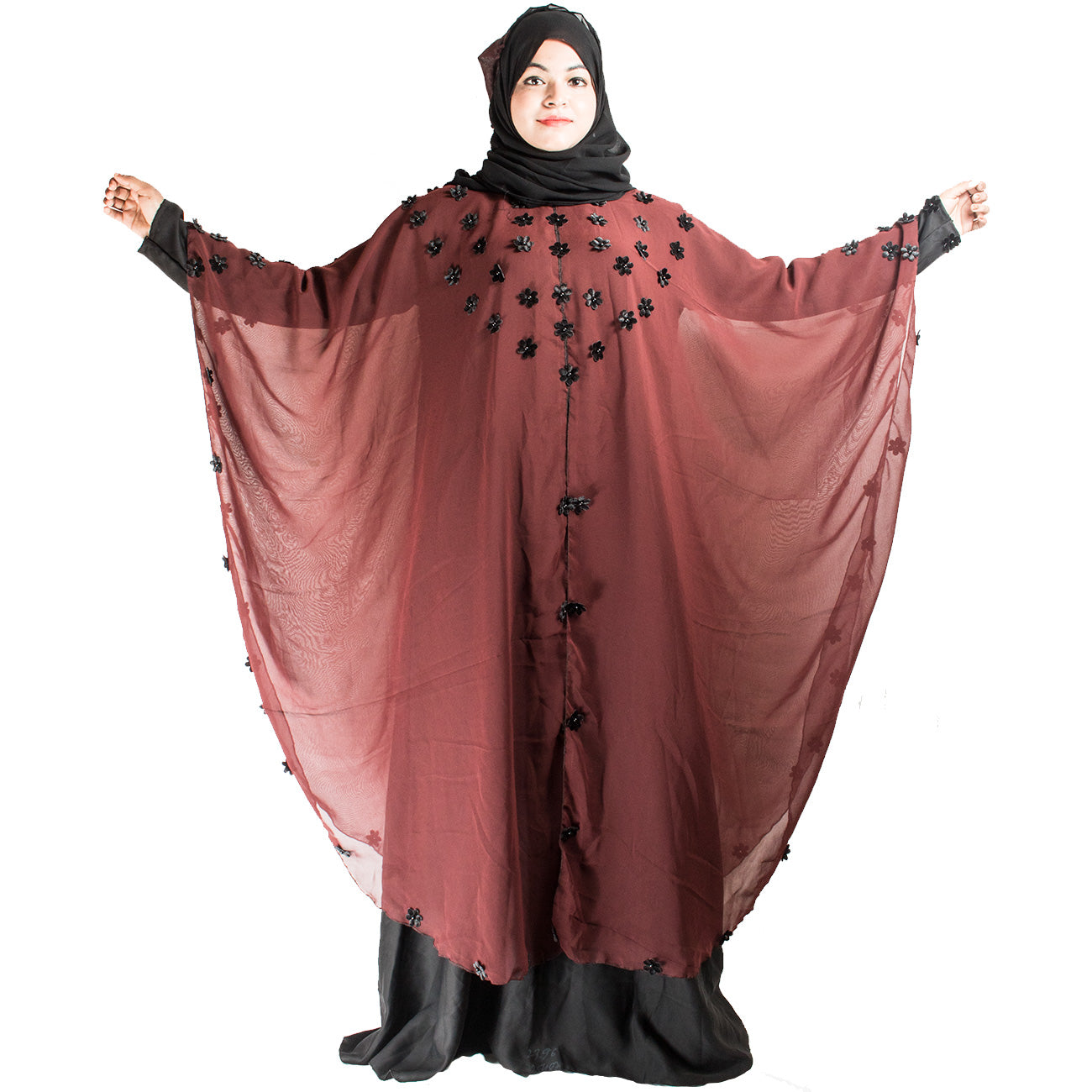 Beautiful Self Design Maroon Farasha Art Silk Abaya With Hijab_0442