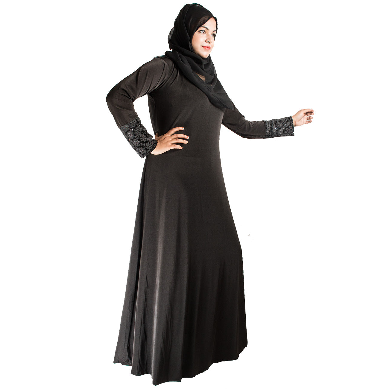 Beautiful Self Design Black Braso Lycra Abaya With Hijab