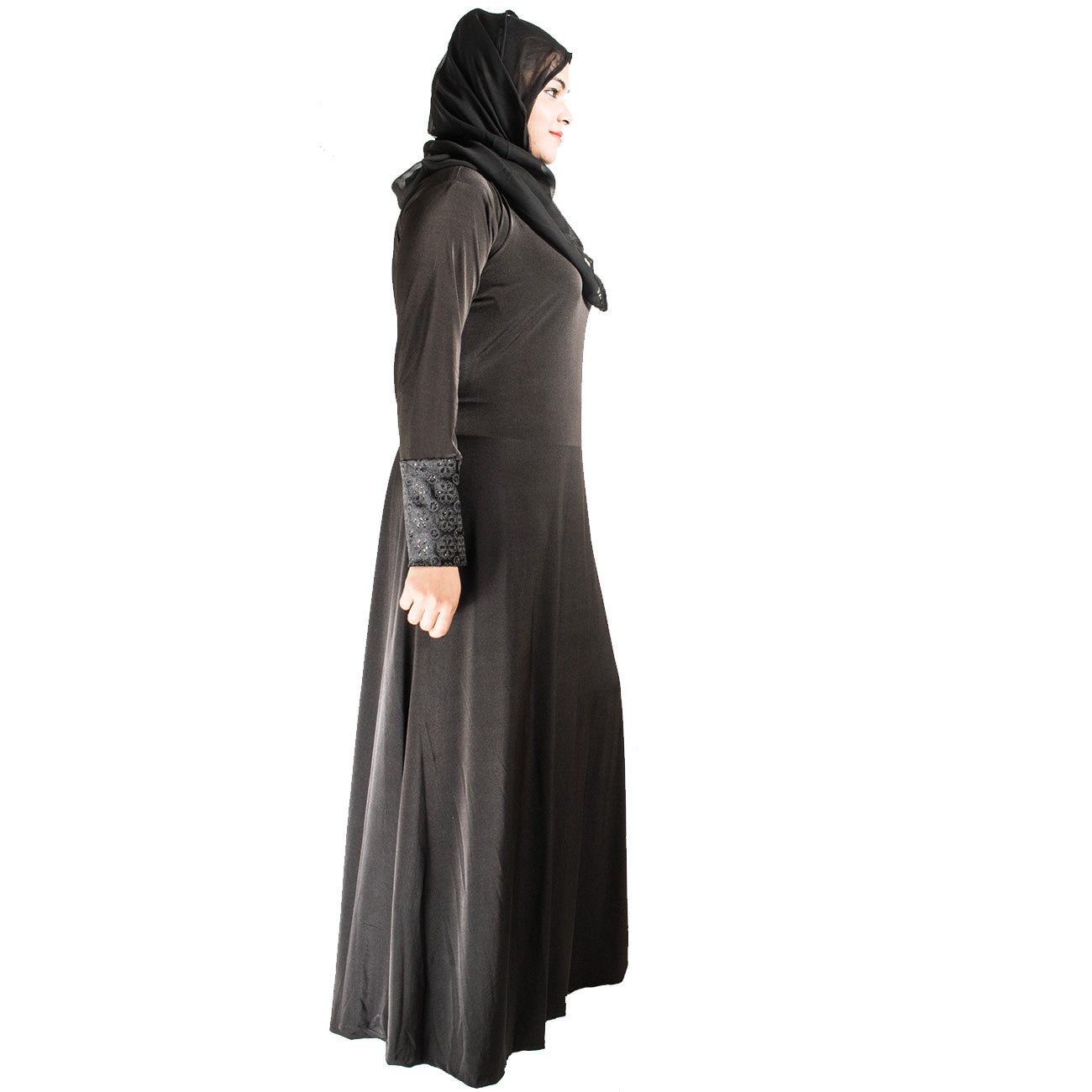 Beautiful Self Design Black Braso Lycra Abaya With Hijab_0443