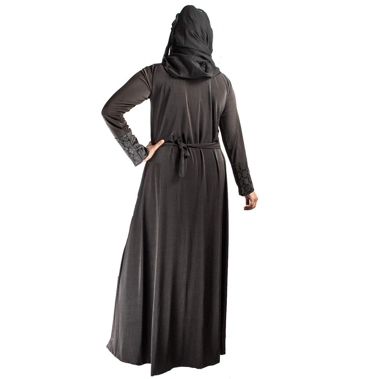 Beautiful Self Design Black Braso Lycra Abaya With Hijab