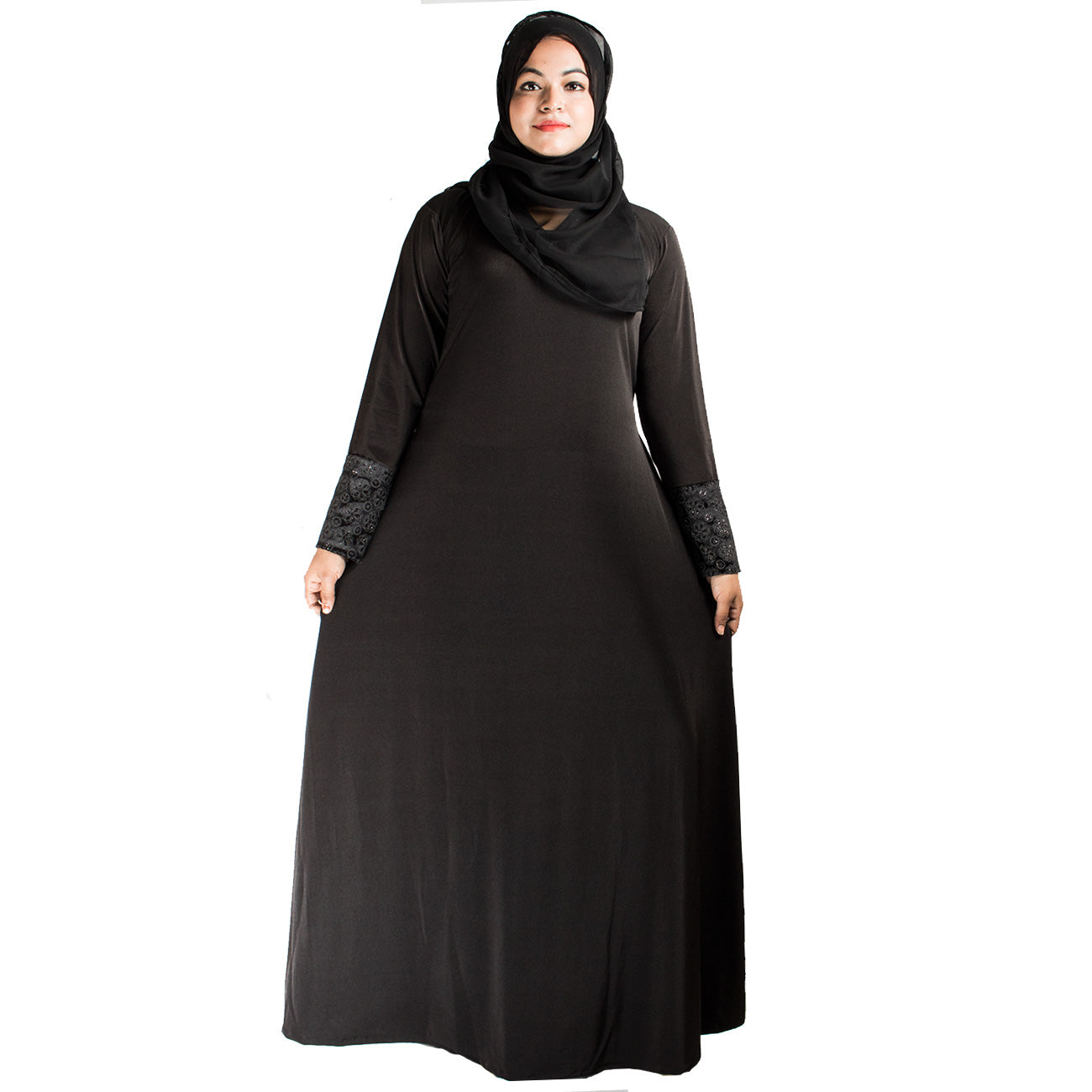 Beautiful Self Design Black Braso Lycra Abaya With Hijab_0443