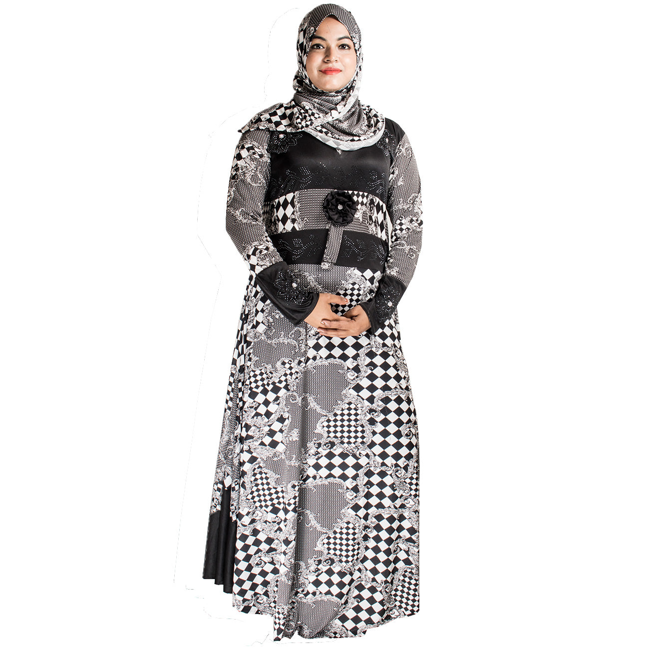 Beautiful Self Design Black & White Lycra Abaya With Hijab_0444
