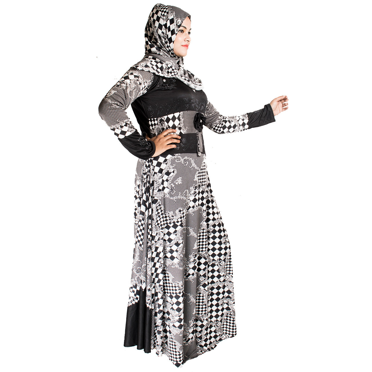 Beautiful Self Design Black & White Lycra Abaya With Hijab_0444