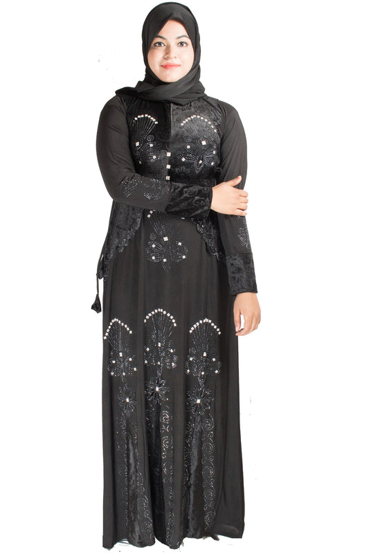 Beautiful Self Design Black Lycra Abaya With Hijab