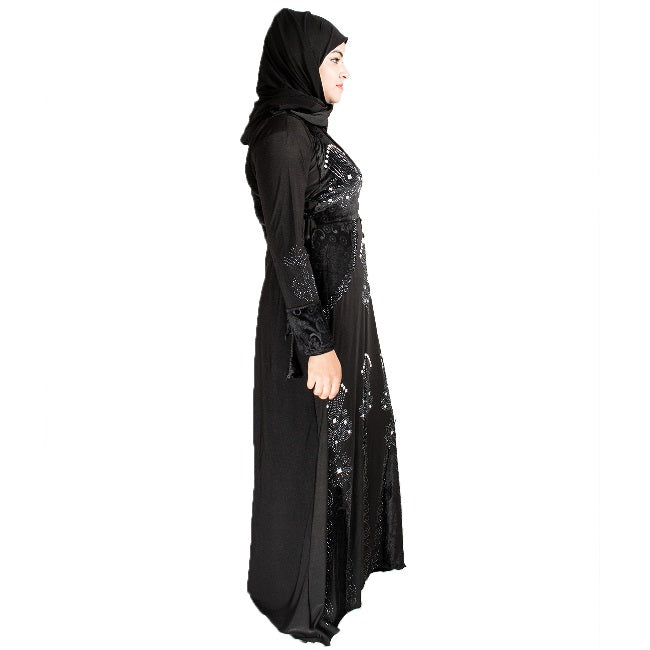 Beautiful Self Design Black Lycra Abaya With Hijab_0448