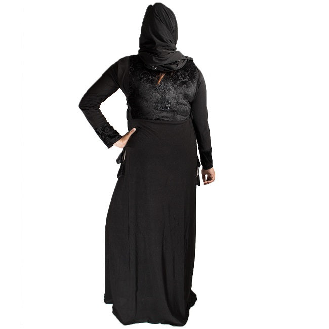Beautiful Self Design Black Lycra Abaya With Hijab_0448