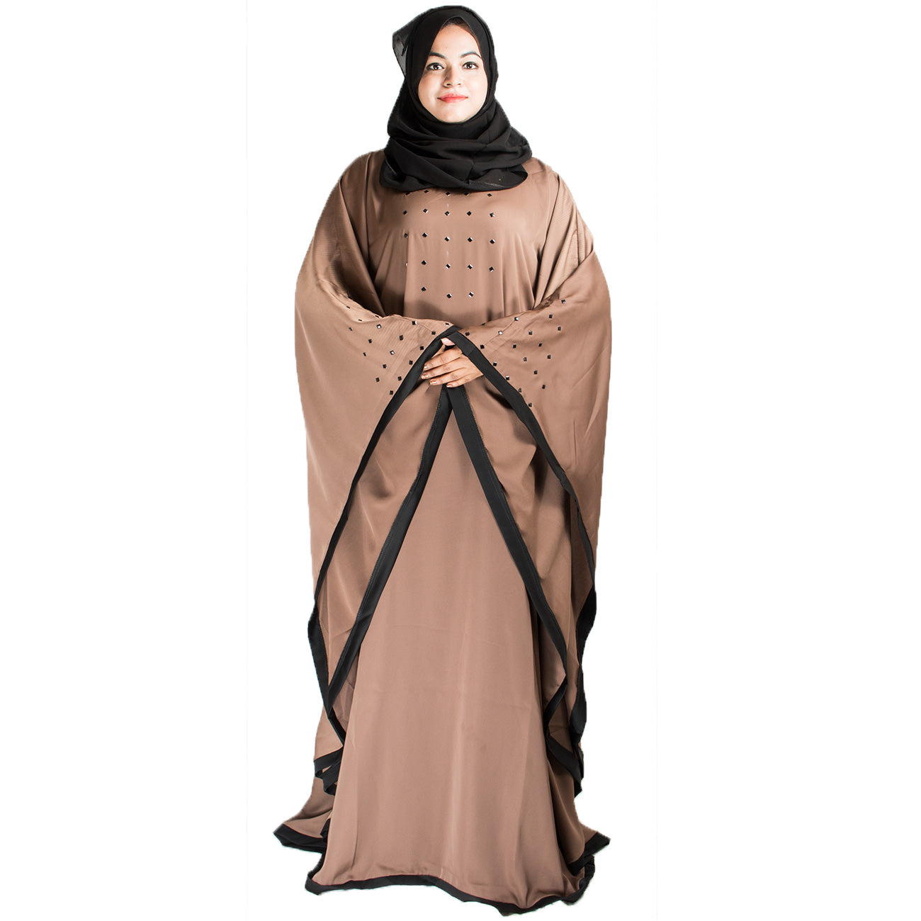 Beautiful Self Design Beige Gala Moti Kaftan Art Silk Abaya With Hijab_0449