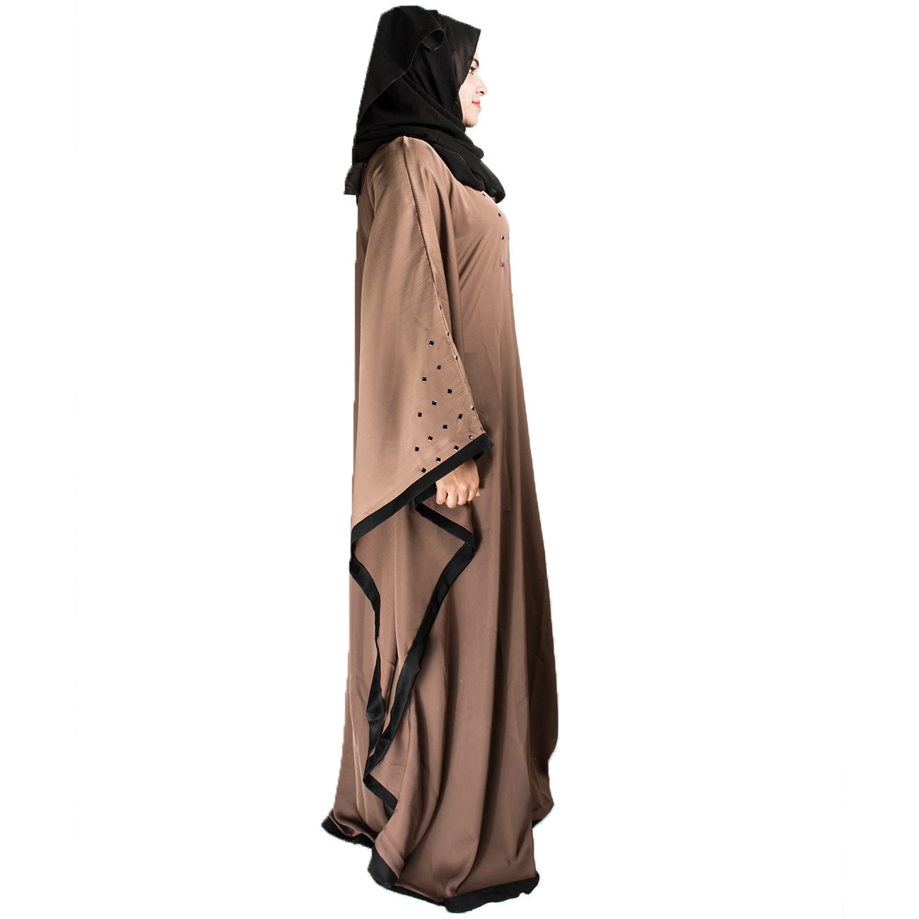 Beautiful Self Design Beige Gala Moti Kaftan Art Silk Abaya With Hijab_0449