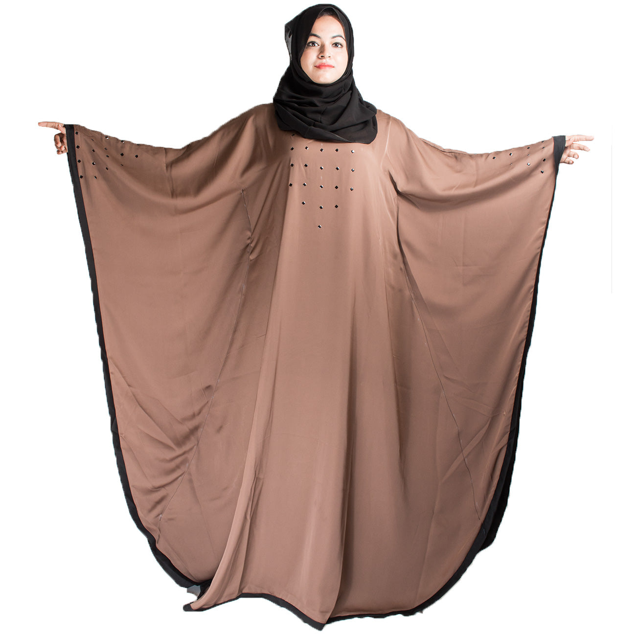 Beautiful Self Design Beige Gala Moti Kaftan Art Silk Abaya With Hijab_0449